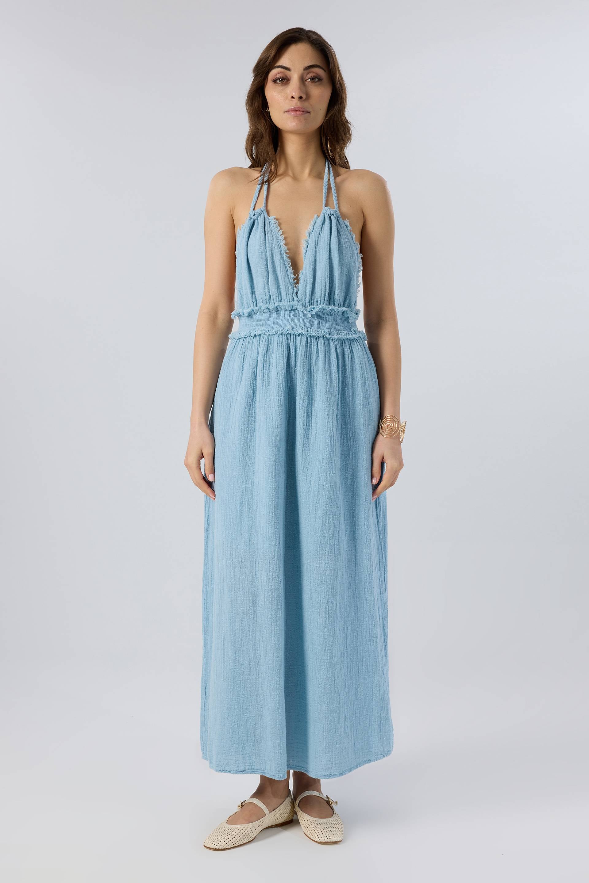 Boyundan Bağcıklı Sırtı Açık Uzun Elbise #renk_Sisli Mavi