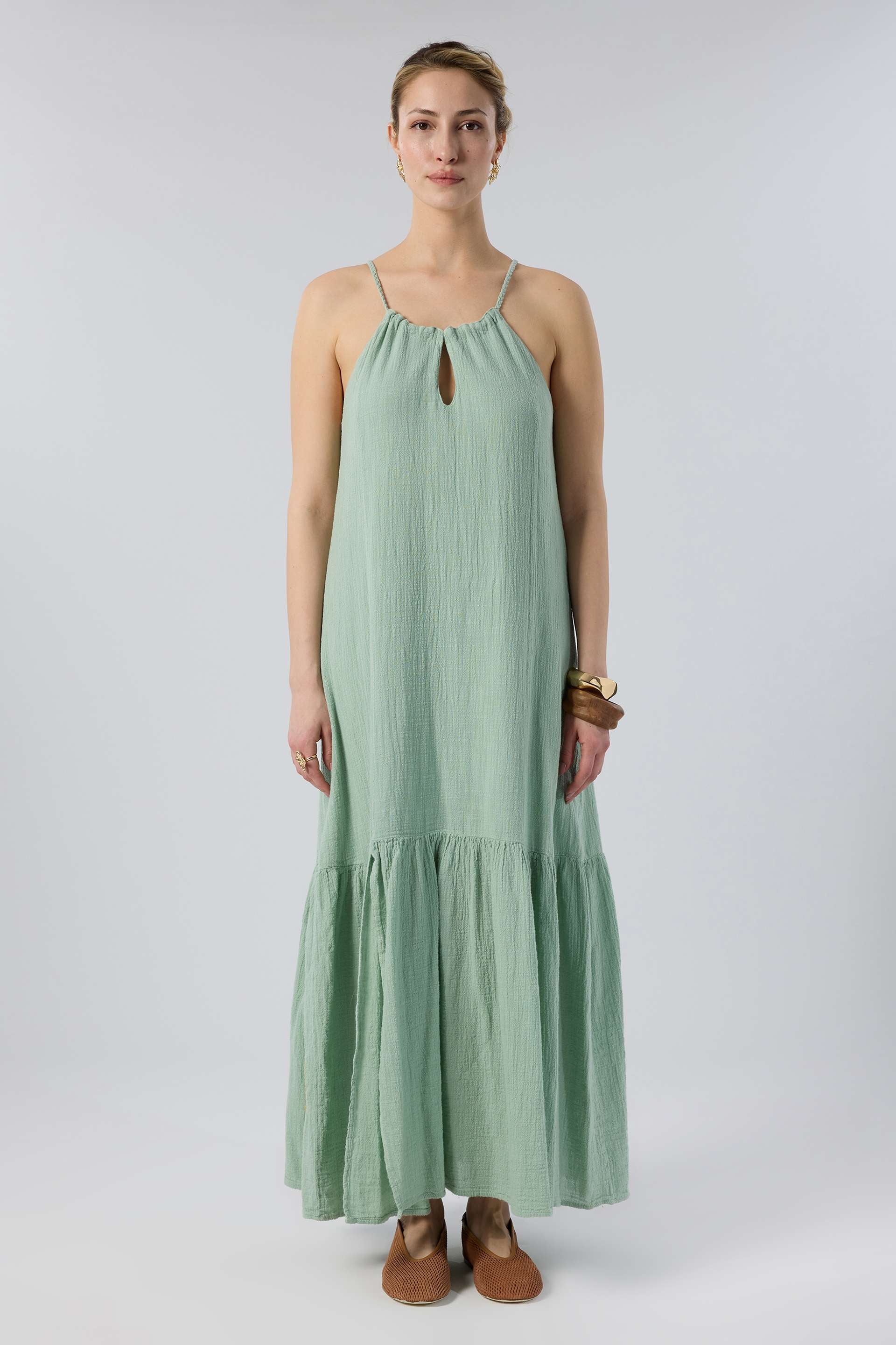 Ayarlanabilir İp Askılı Uzun Pamuk Elbise #renk_Ada Çayı