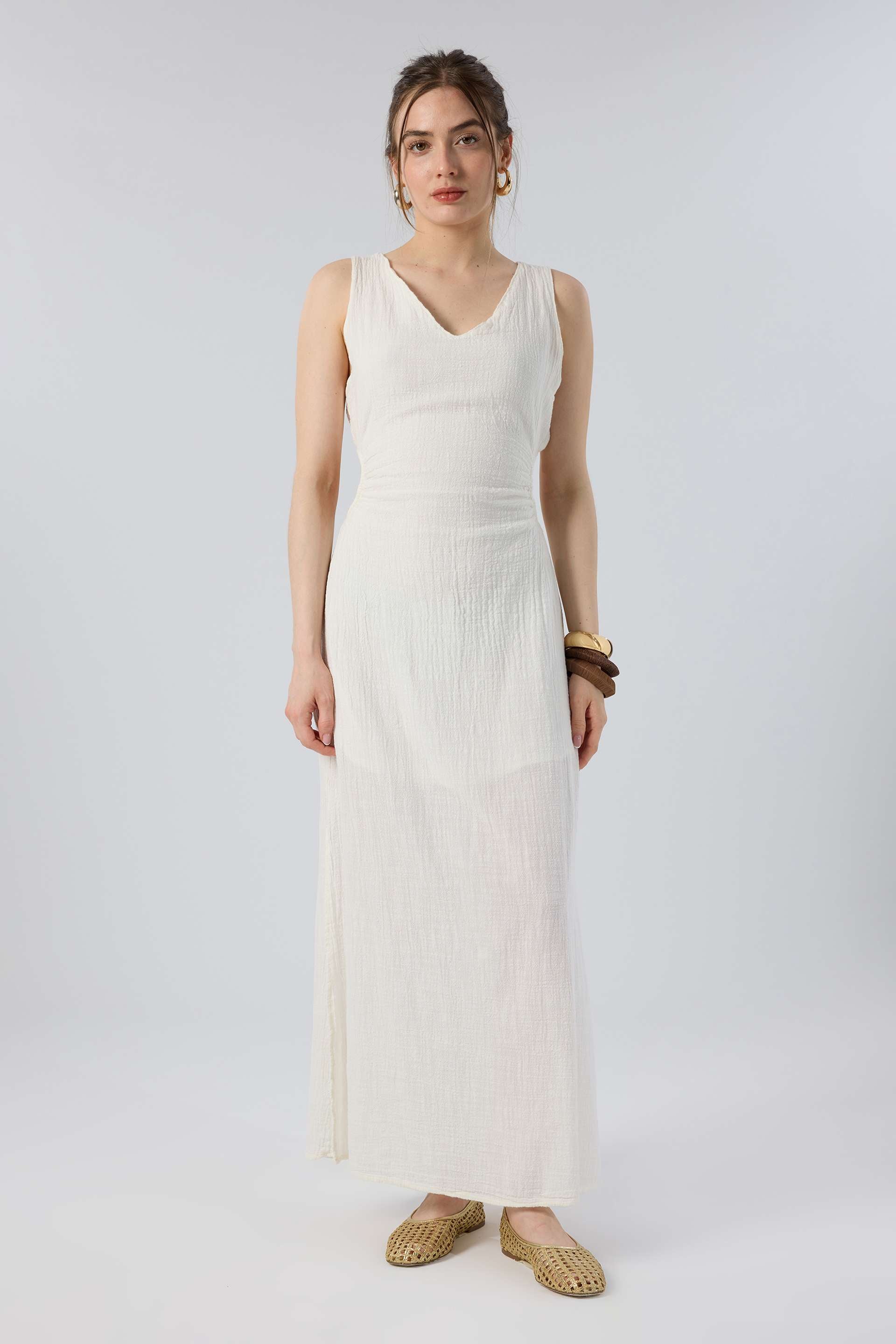 V Yakalı Bel Oyuntulu Uzun Elbise #renk_Ekru