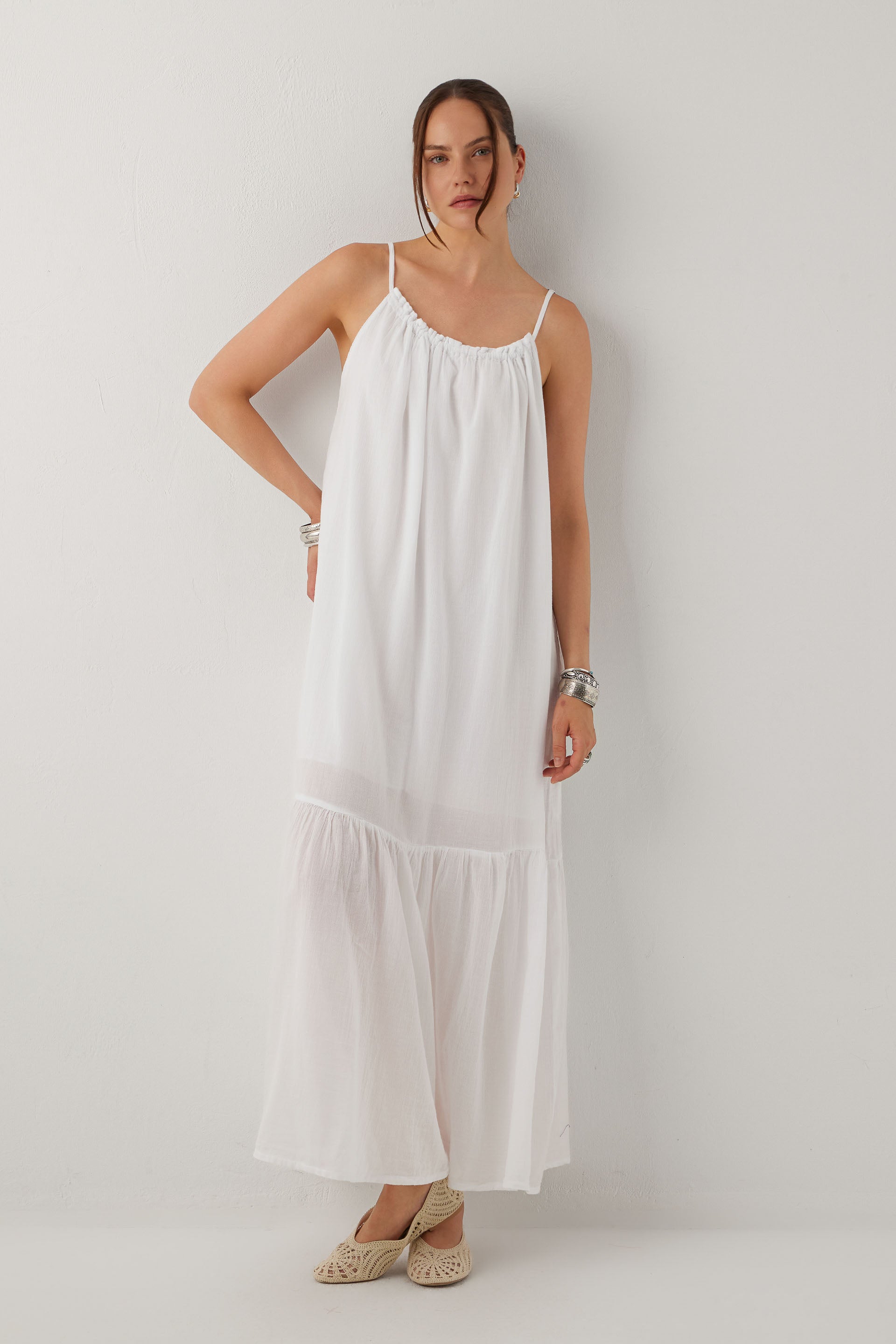 Breeze Vual Kumaş Büzgü Yaka Maxi Elbise #renk_Beyaz