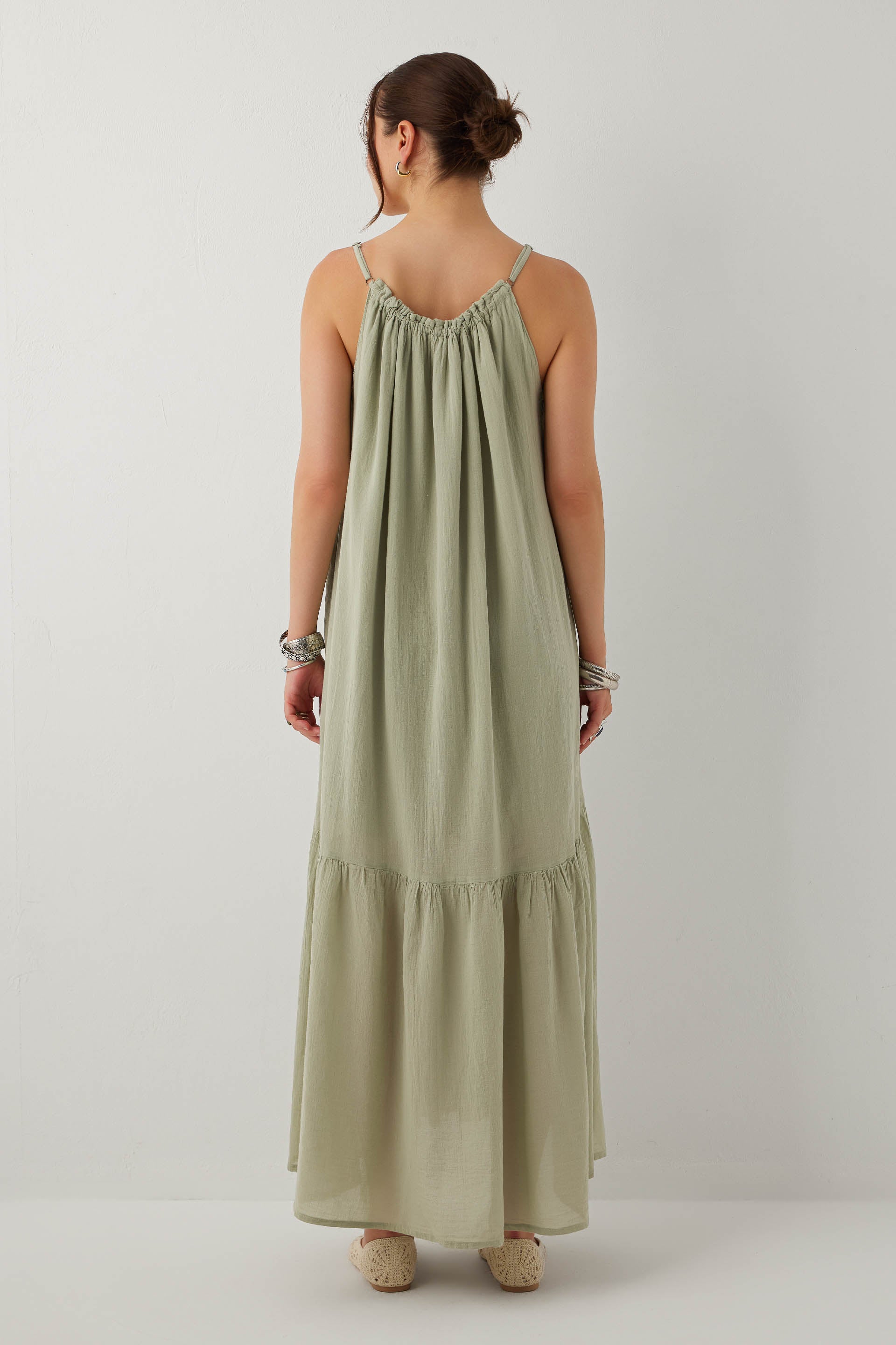 Breeze Vual Kumaş Büzgü Yaka Maxi Elbise #renk_Ada Çayı
