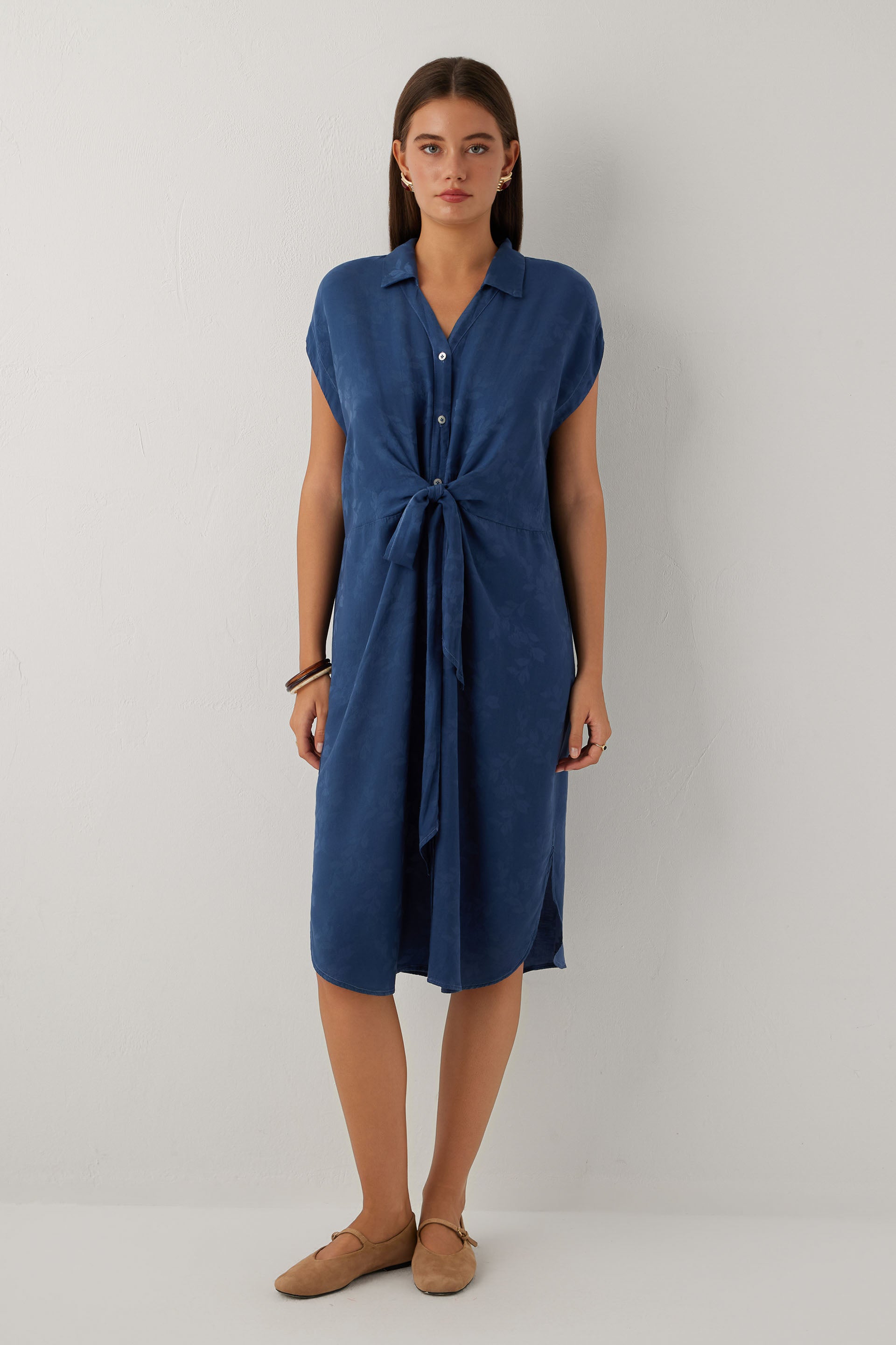 Woven Flora Tensel Bağlamalı Gömlek Elbise #renk_Navy