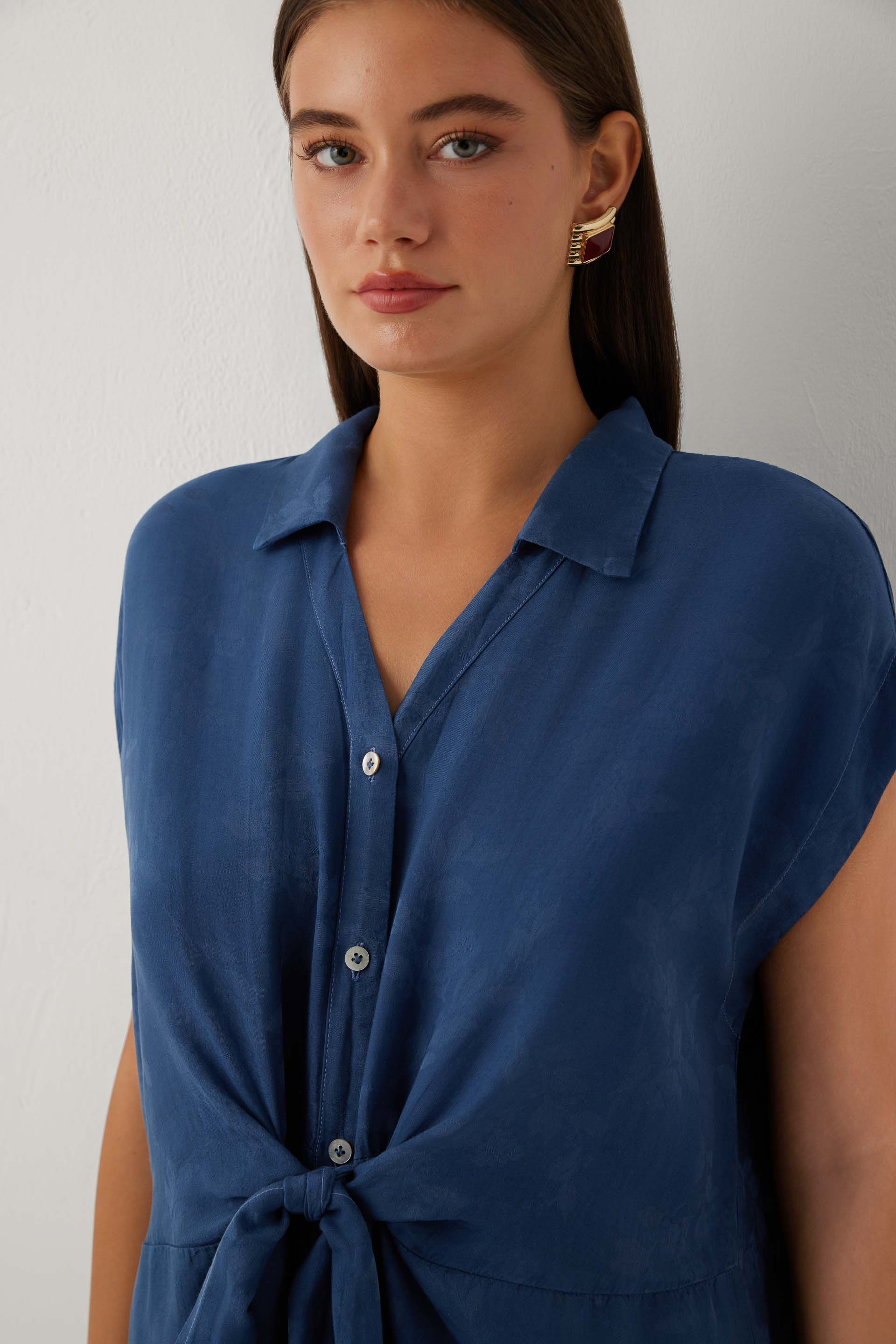 Woven Flora Tensel Bağlamalı Gömlek Elbise #renk_Navy