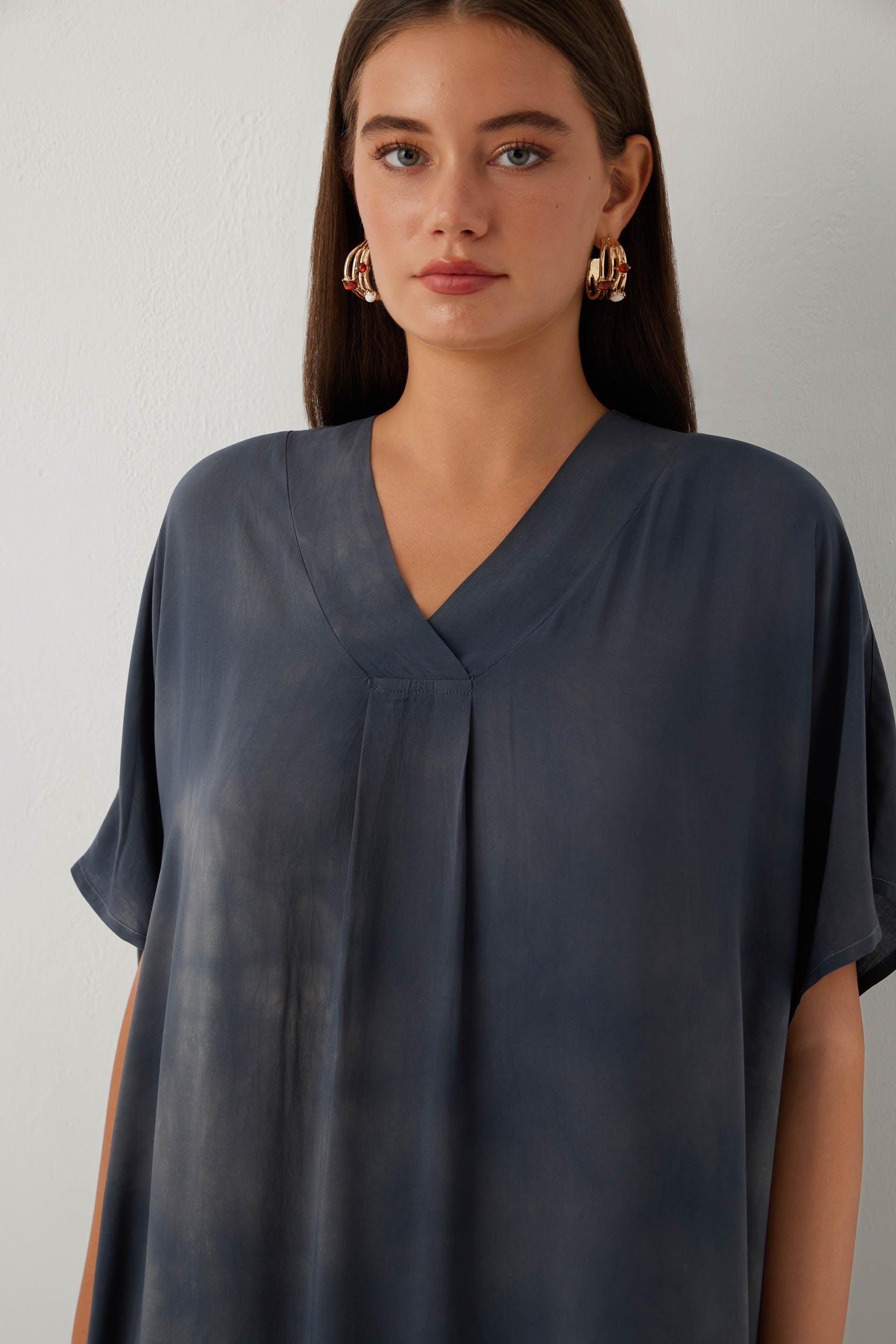 Earth Dye V Yaka Batik Maxi Elbise