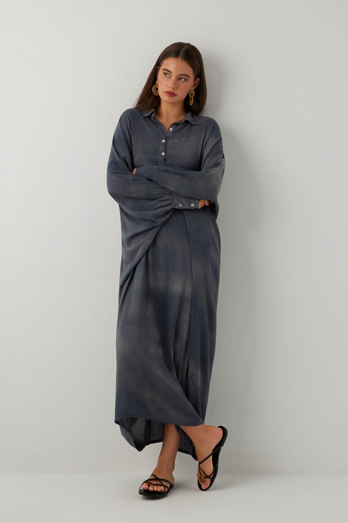 Earth Dye Yakalı Yarasa Batik Elbise #renk_Antrasit