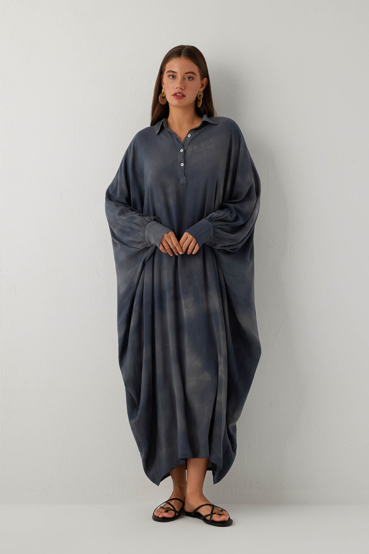 Earth Dye Yakalı Yarasa Batik Elbise #renk_Antrasit