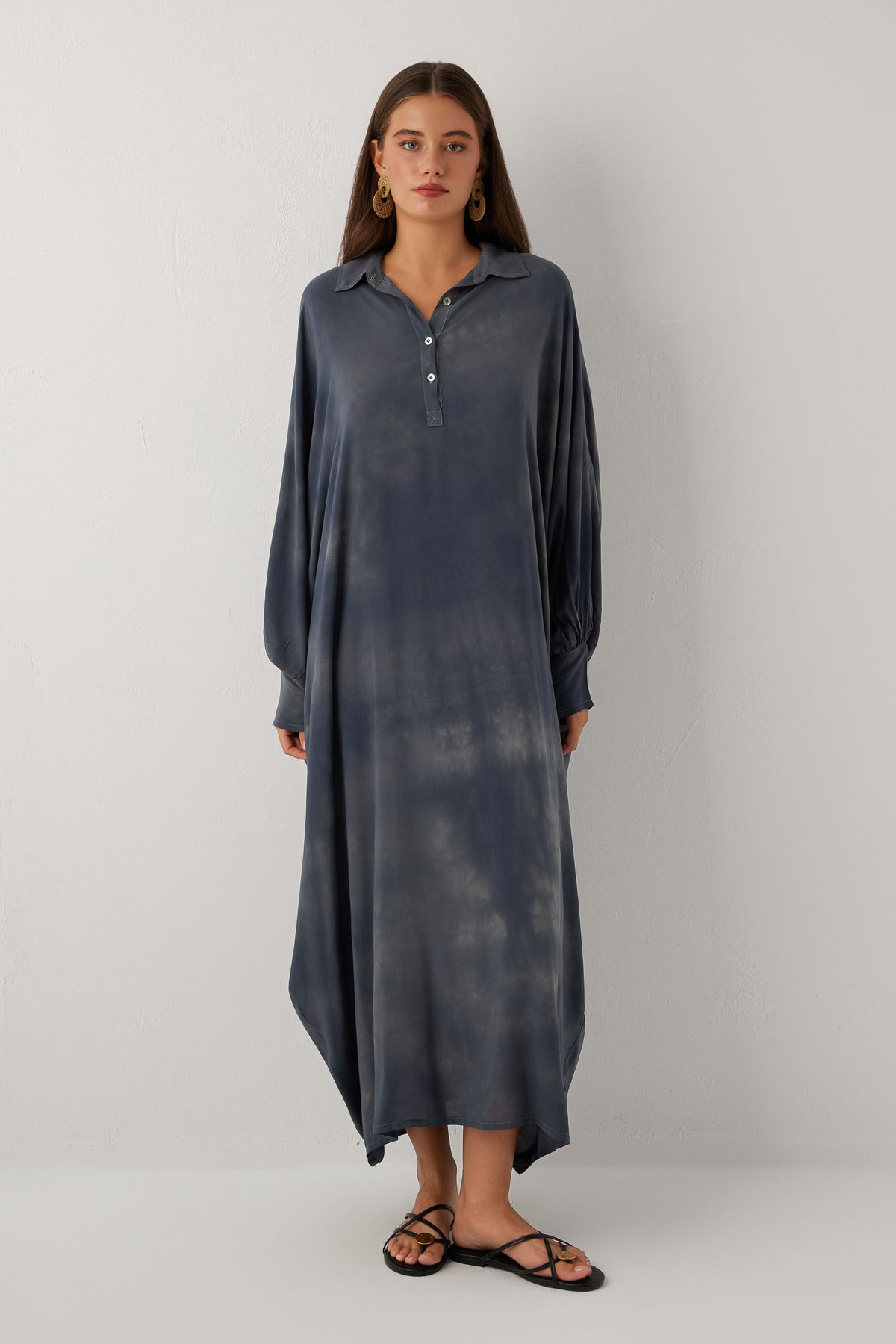 Earth Dye Yakalı Yarasa Batik Elbise #renk_Antrasit