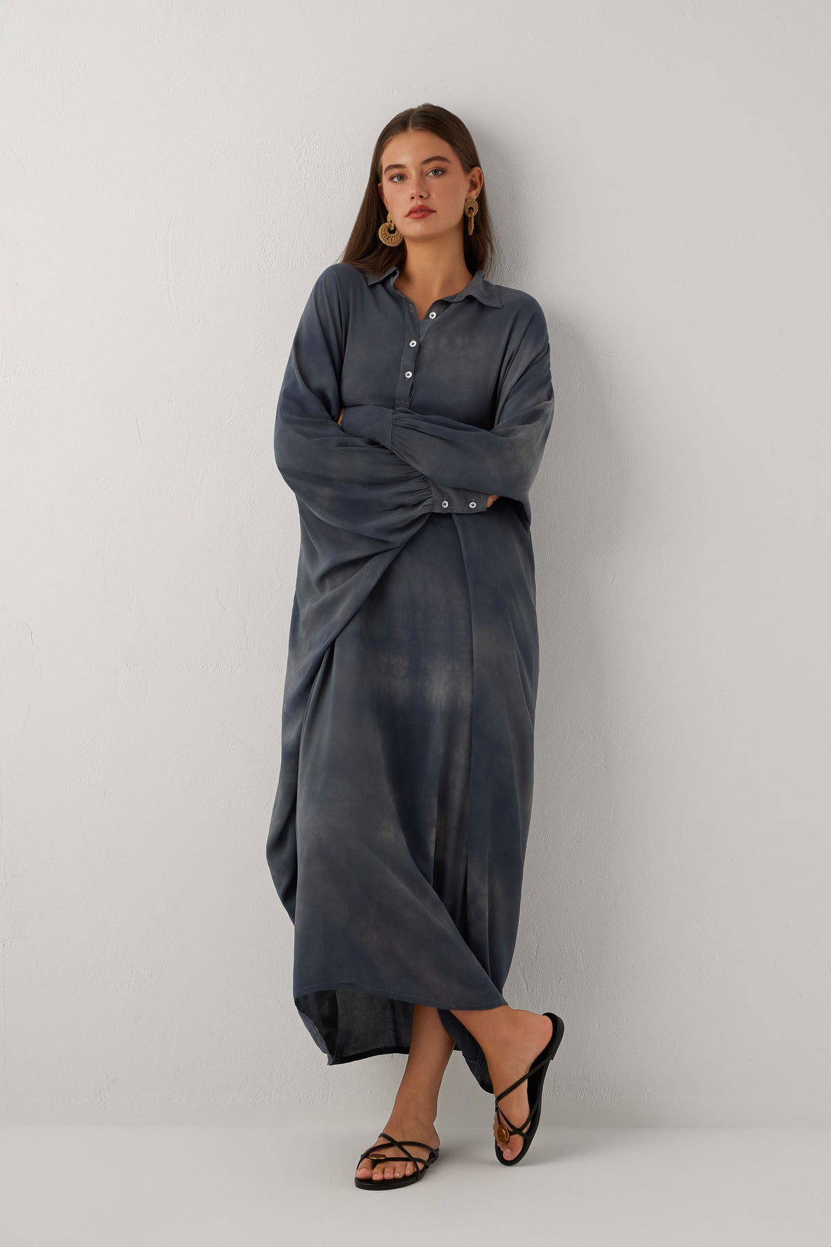 Earth Dye Yakalı Yarasa Batik Elbise #renk_Antrasit