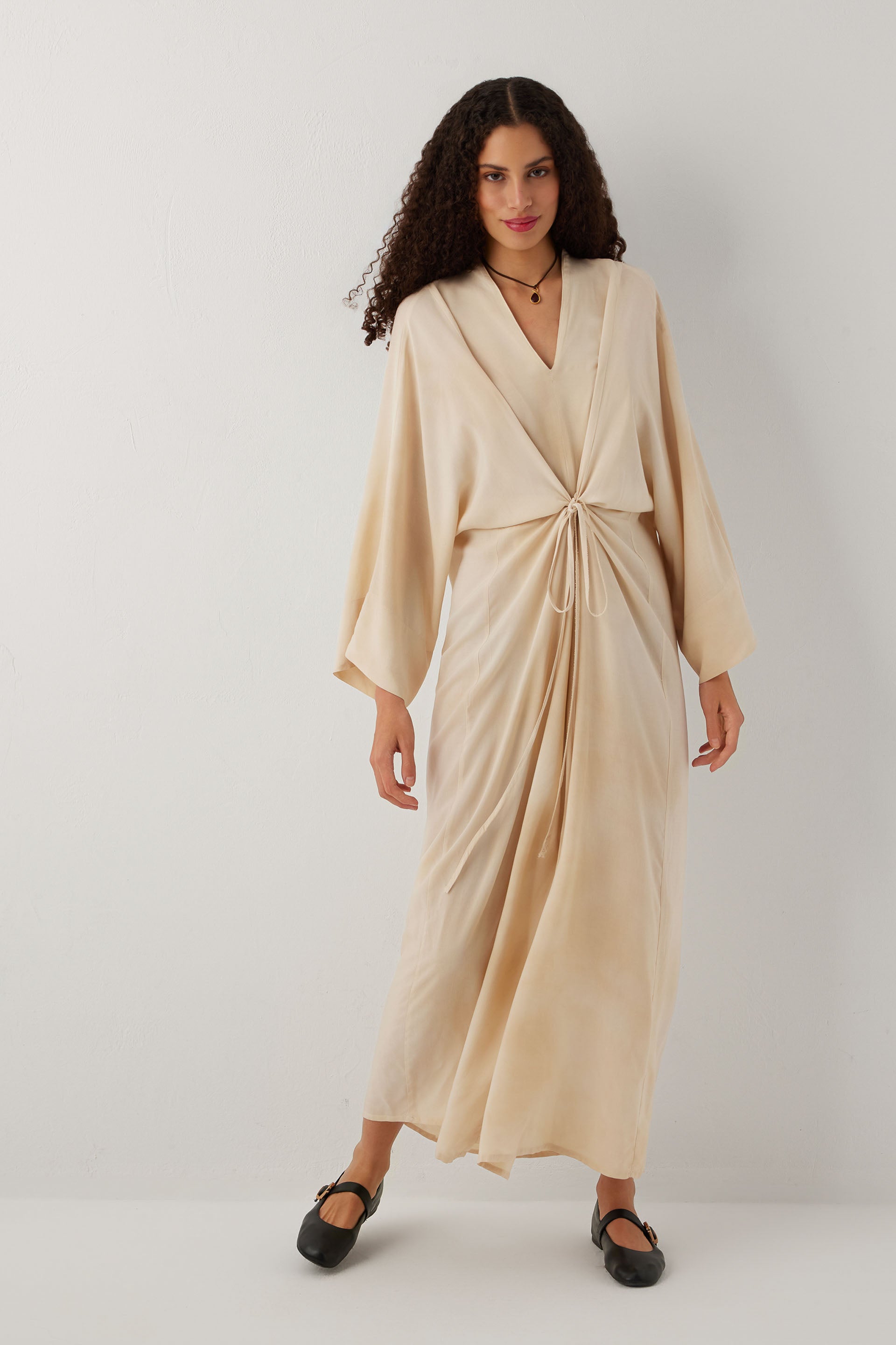 Earth Dye Bağlamalı Kimono Kol Maxi Elbise #renk_Bej