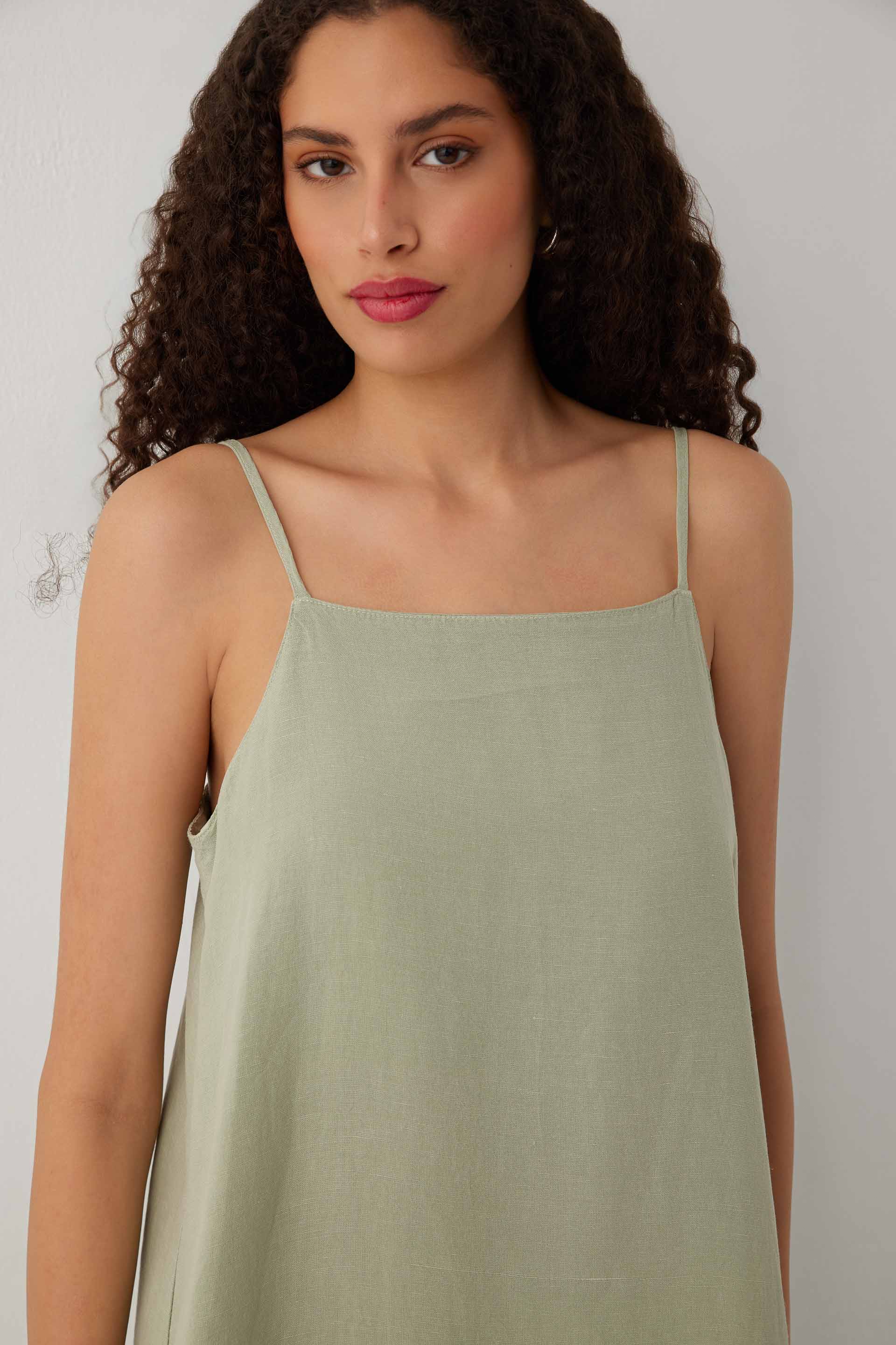 Linoflow Askılı Rahat Keten Tencel Karışımlı Maxi Uzun Elbise #renk_Ada Çayı
