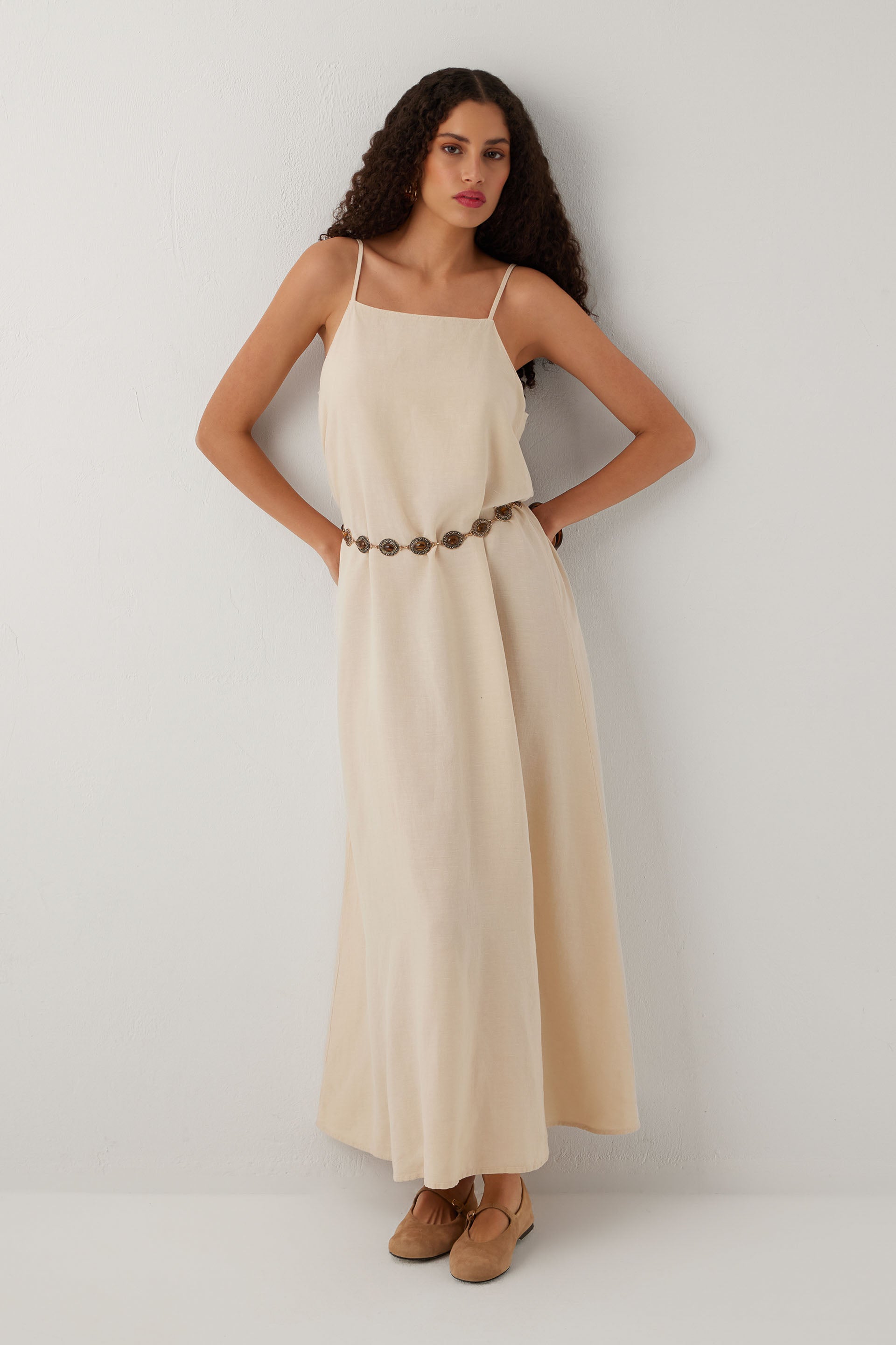Linoflow Askılı Rahat Keten Tencel Karışımlı Maxi Uzun Elbise #renk_Bej