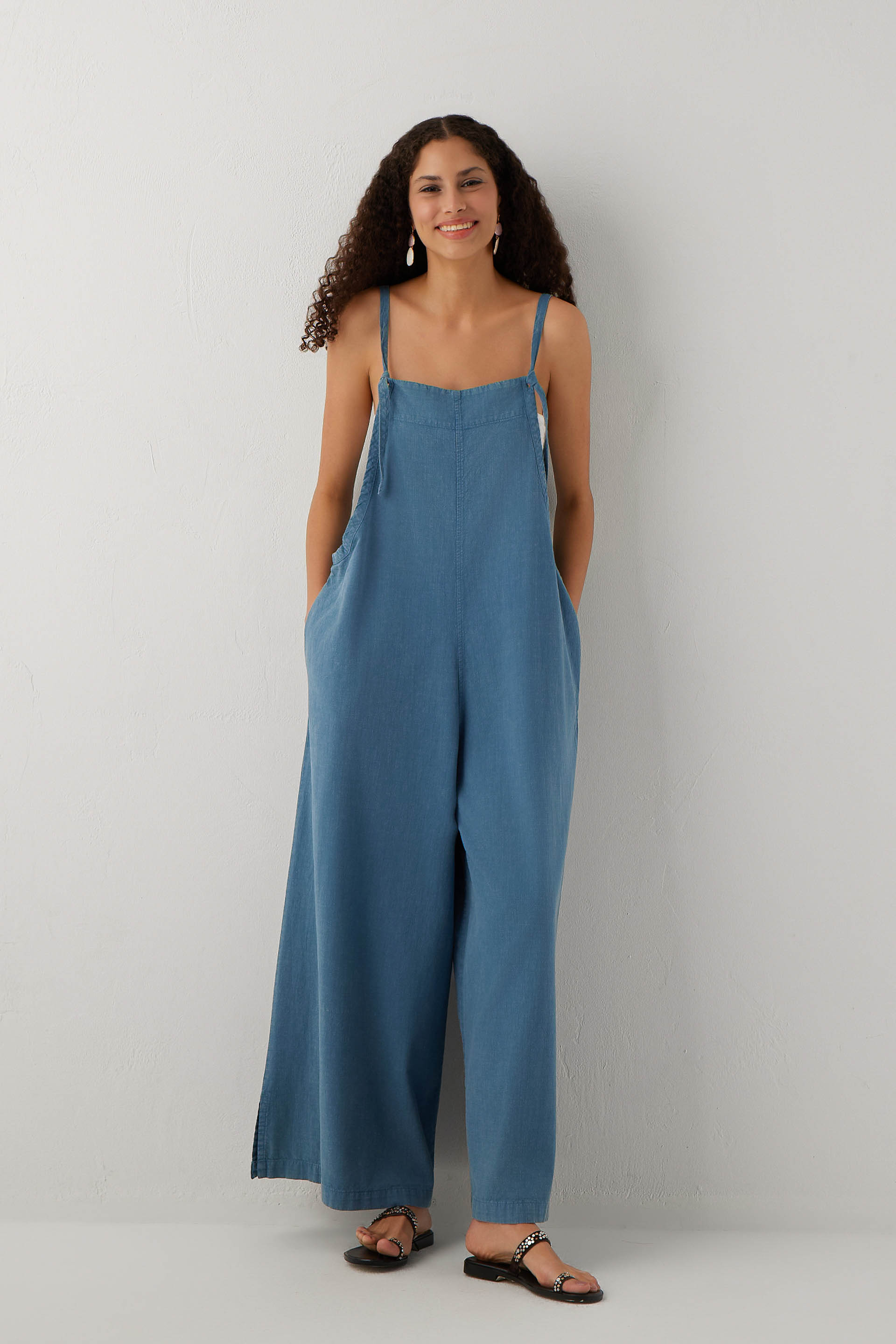 Forme Bol Paça Askılı Pamuklu Cepli Kadın Tulum #renk_Indigo