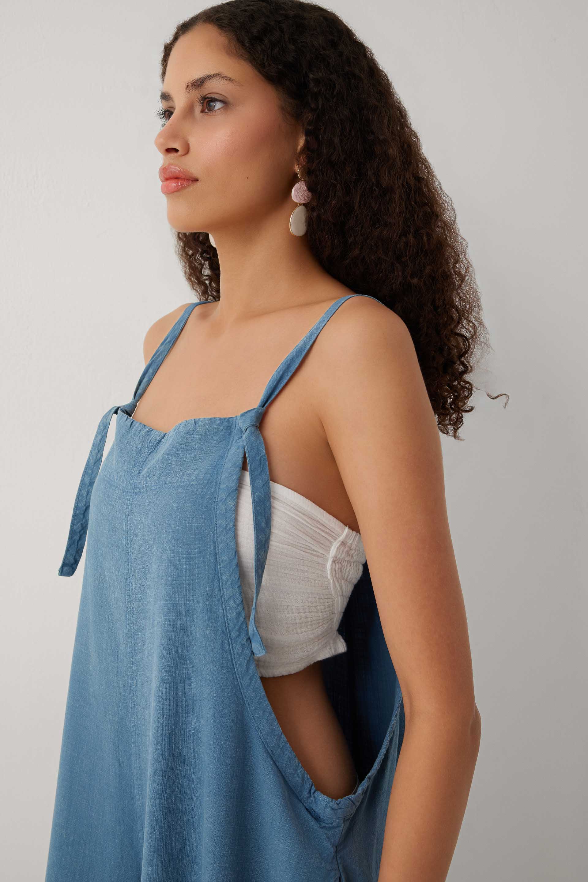 Forme Bol Paça Askılı Pamuklu Cepli Kadın Tulum #renk_Indigo