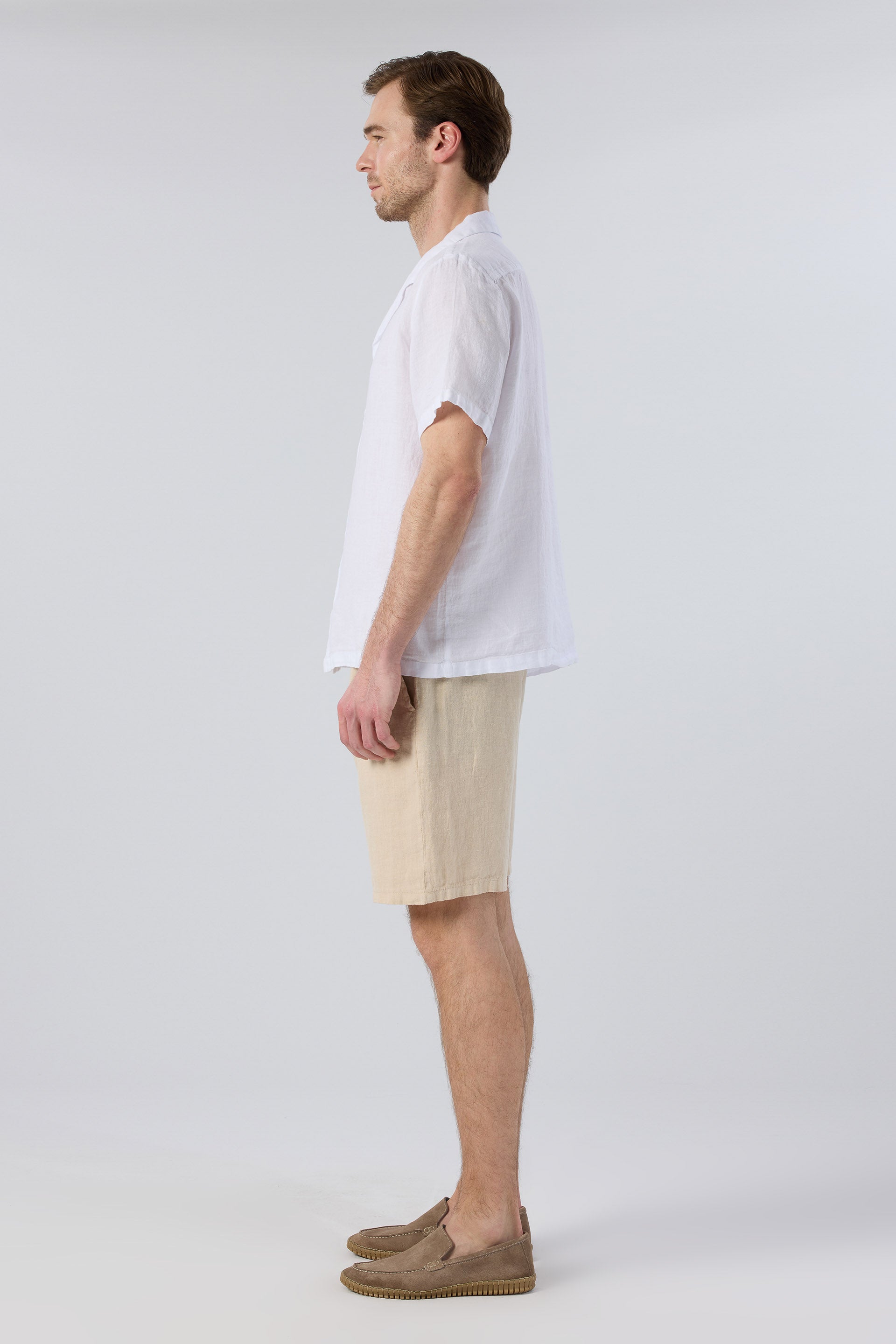 Yatık Yakalı Kısa Kollu Keten Erkek Gömlek #renk_Beyaz