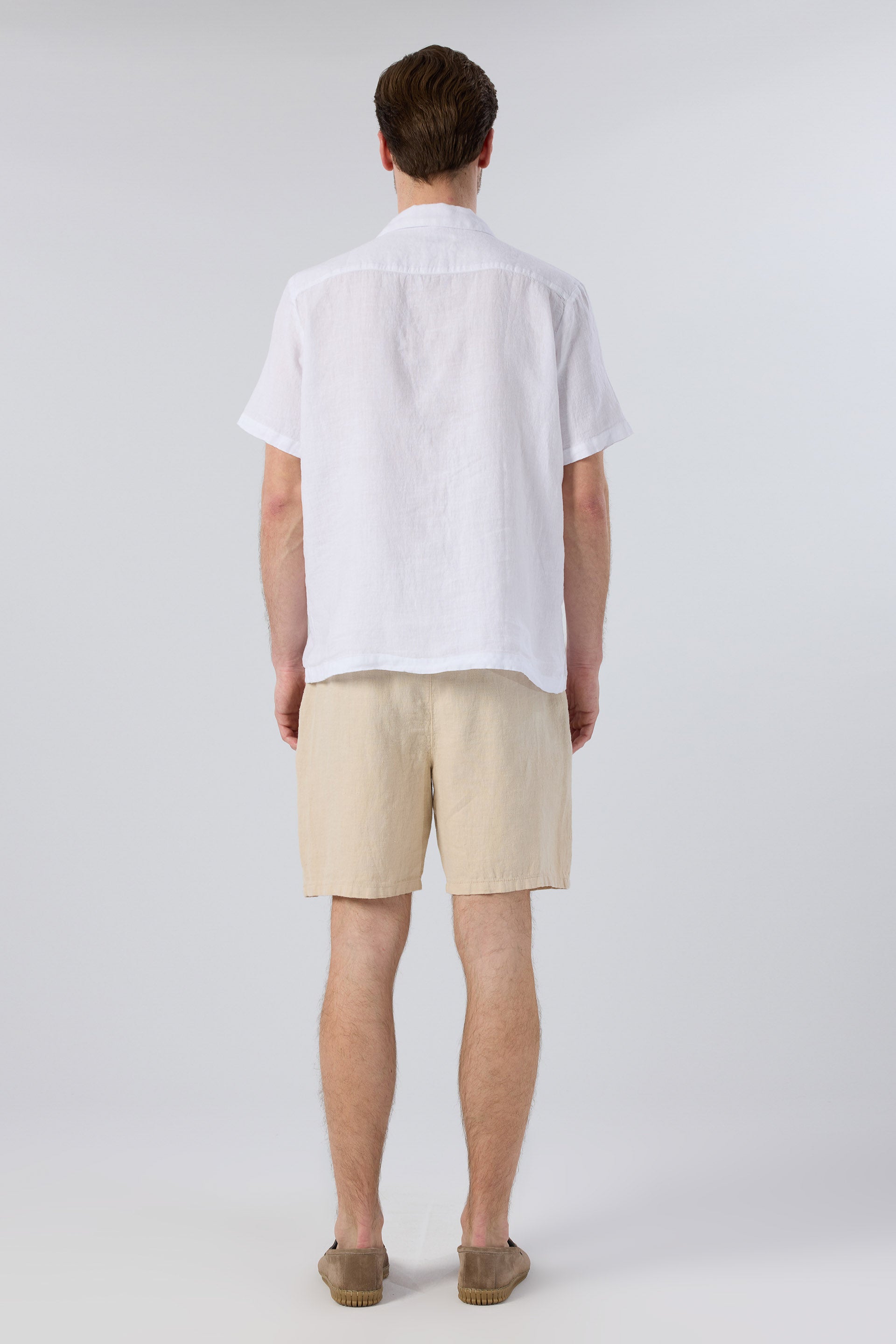 Yatık Yakalı Kısa Kollu Keten Erkek Gömlek #renk_Beyaz