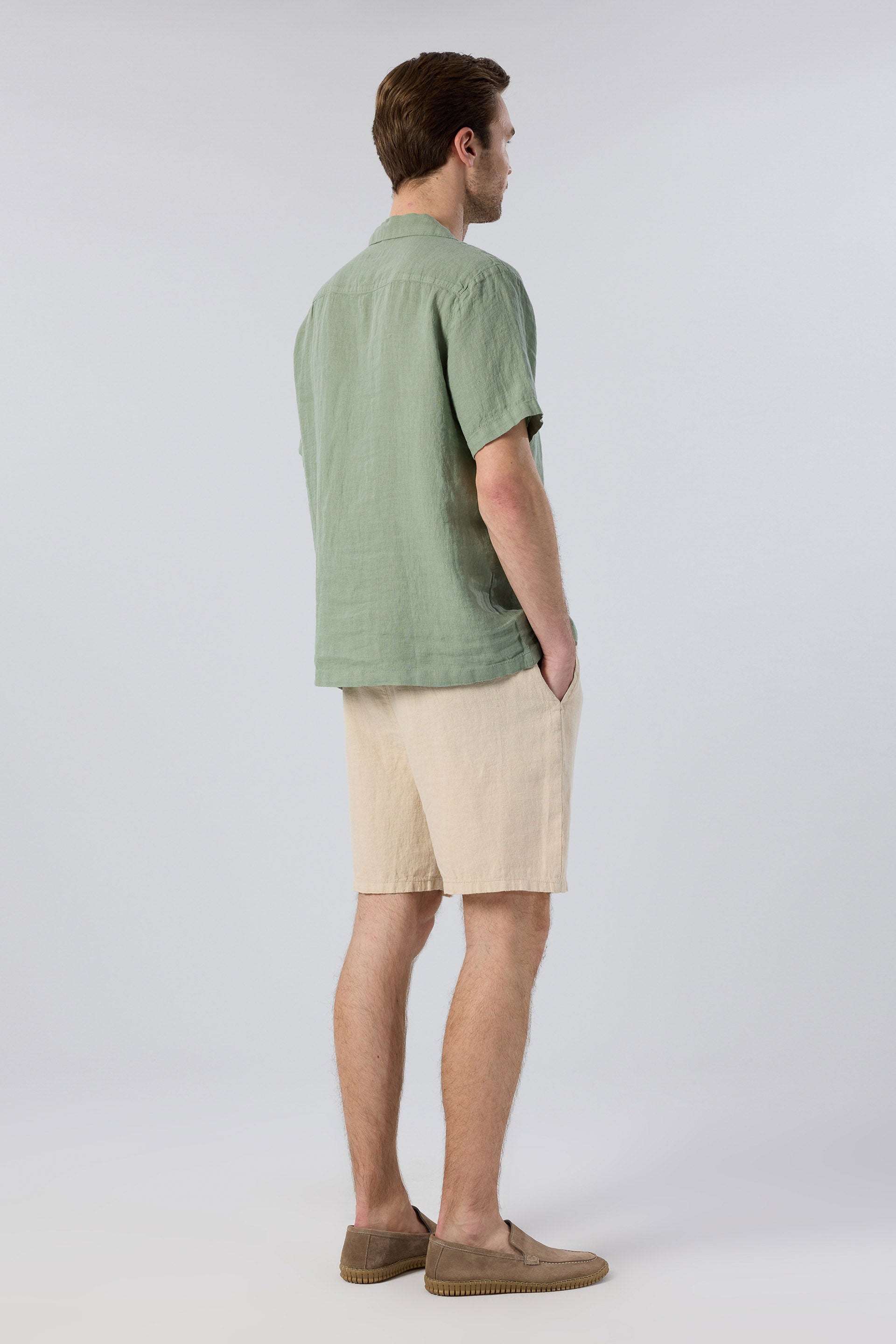 Yatık Yakalı Kısa Kollu Keten Erkek Gömlek #renk_Yosun Yeşili