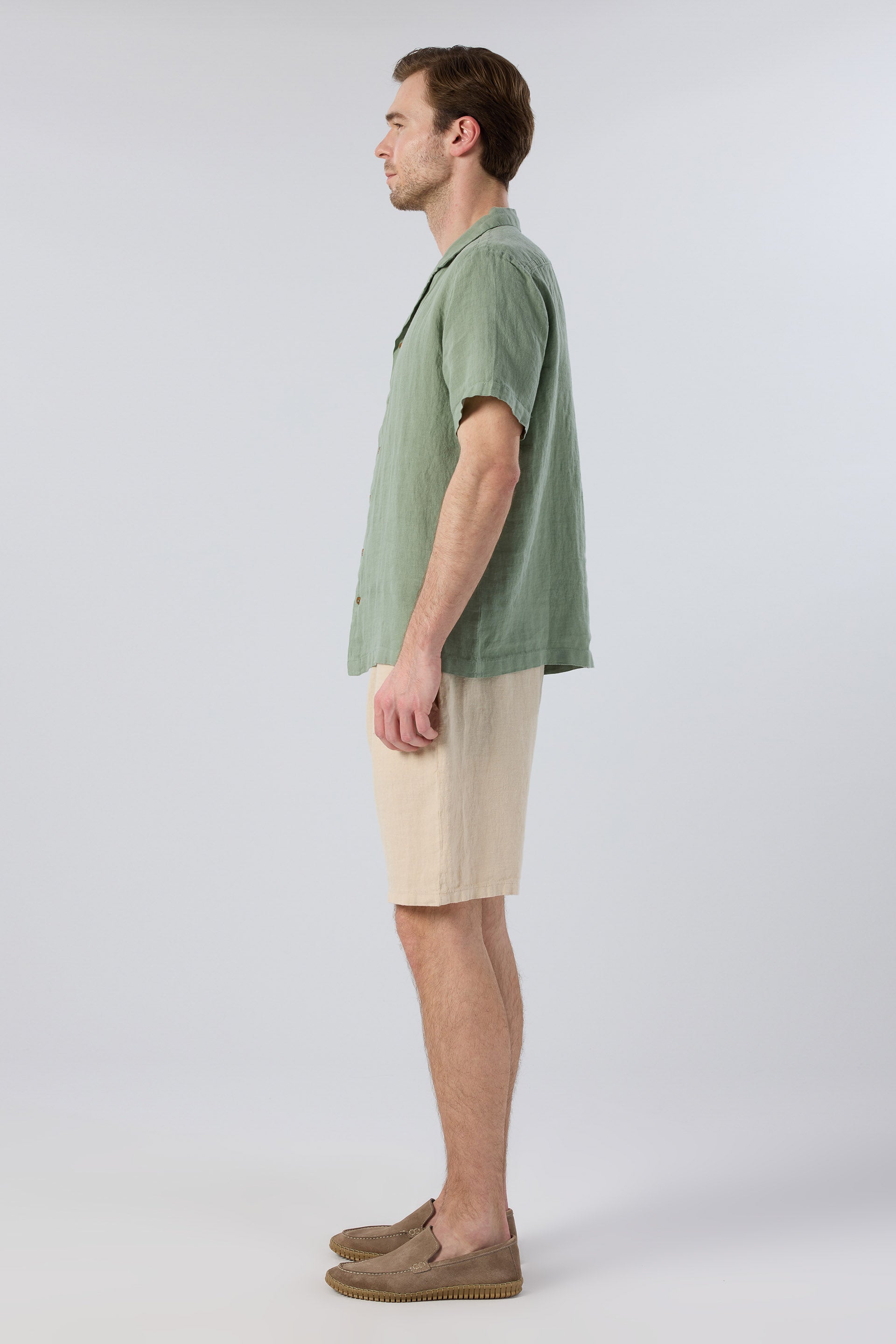 Yatık Yakalı Kısa Kollu Keten Erkek Gömlek #renk_Yosun Yeşili