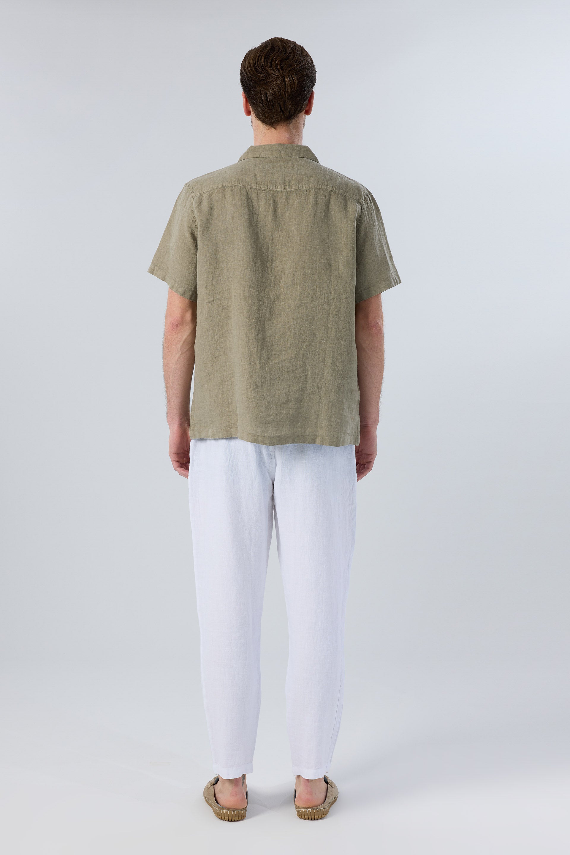 Yatık Yakalı Kısa Kollu Keten Erkek Gömlek #renk_Olive
