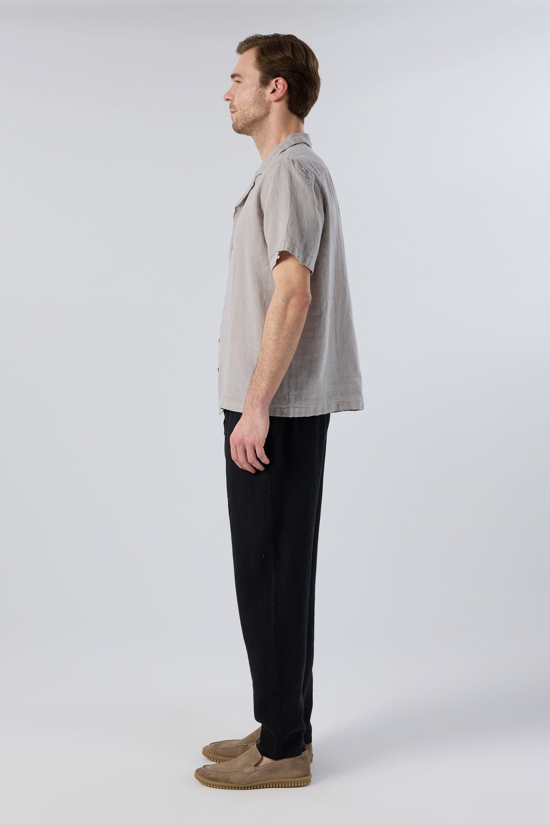 Yatık Yakalı Kısa Kollu Keten Erkek Gömlek #renk_Taş Gri