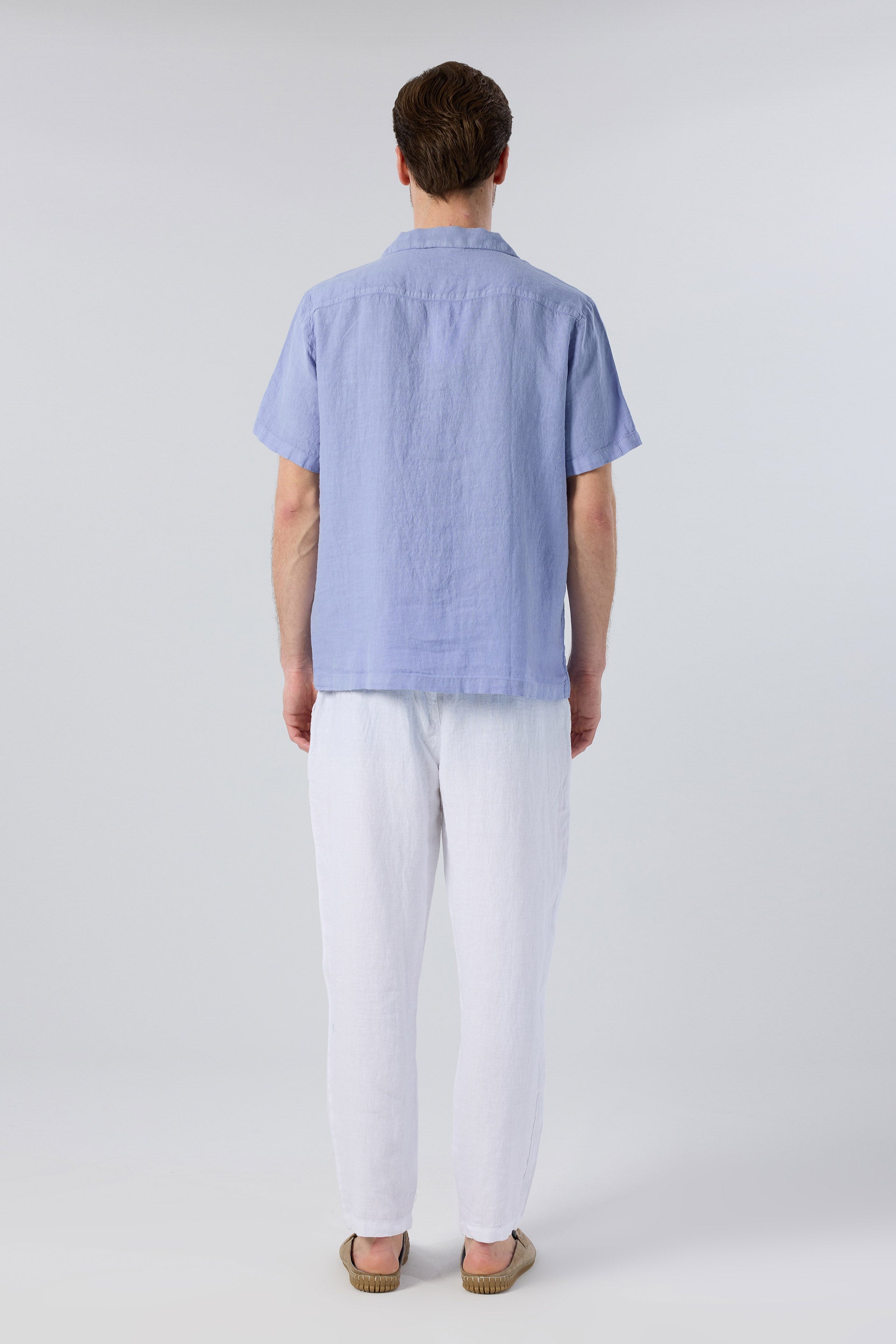 Yatık Yakalı Kısa Kollu Keten Erkek Gömlek #renk_Denim Blue