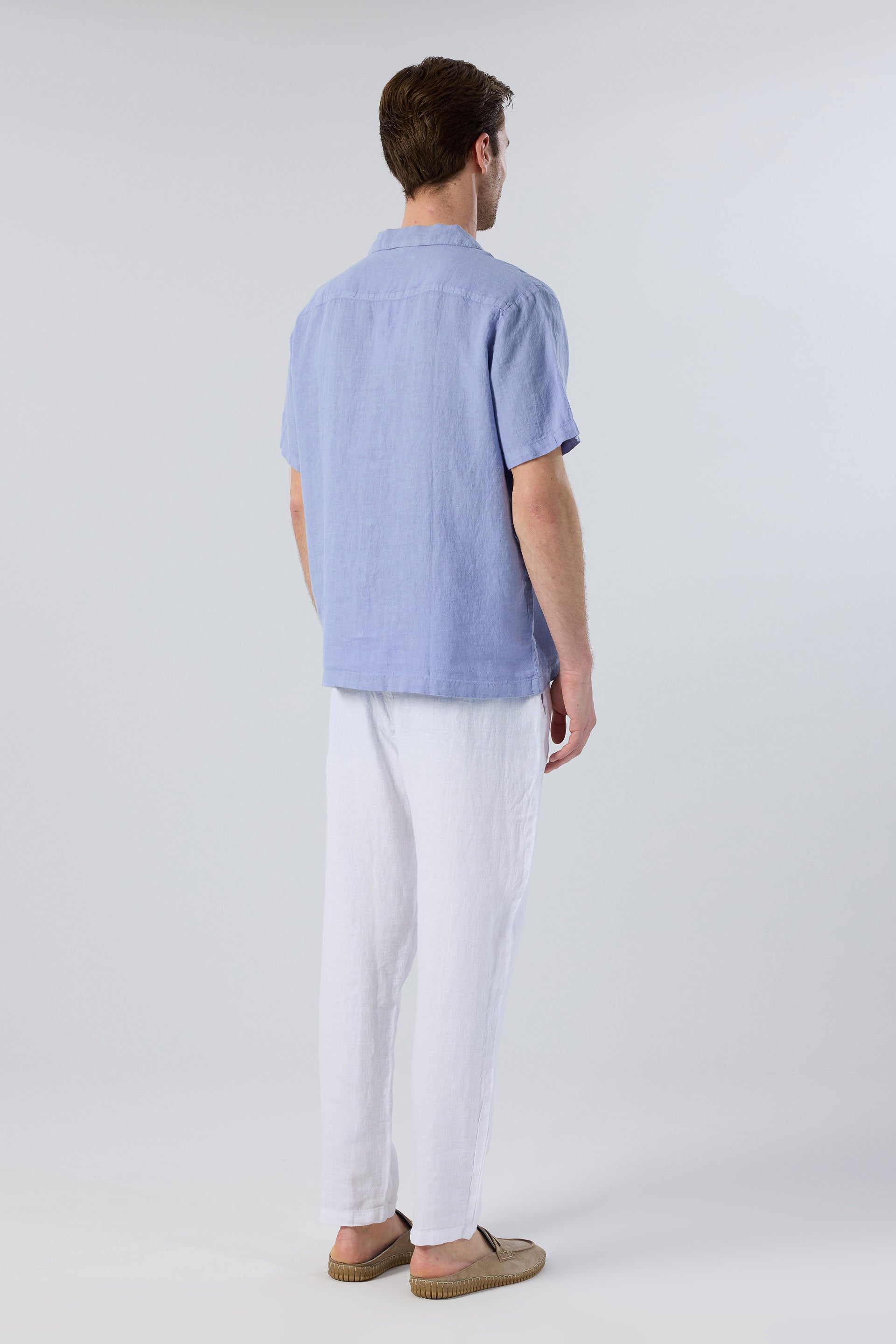 Yatık Yakalı Kısa Kollu Keten Erkek Gömlek #renk_Denim Blue