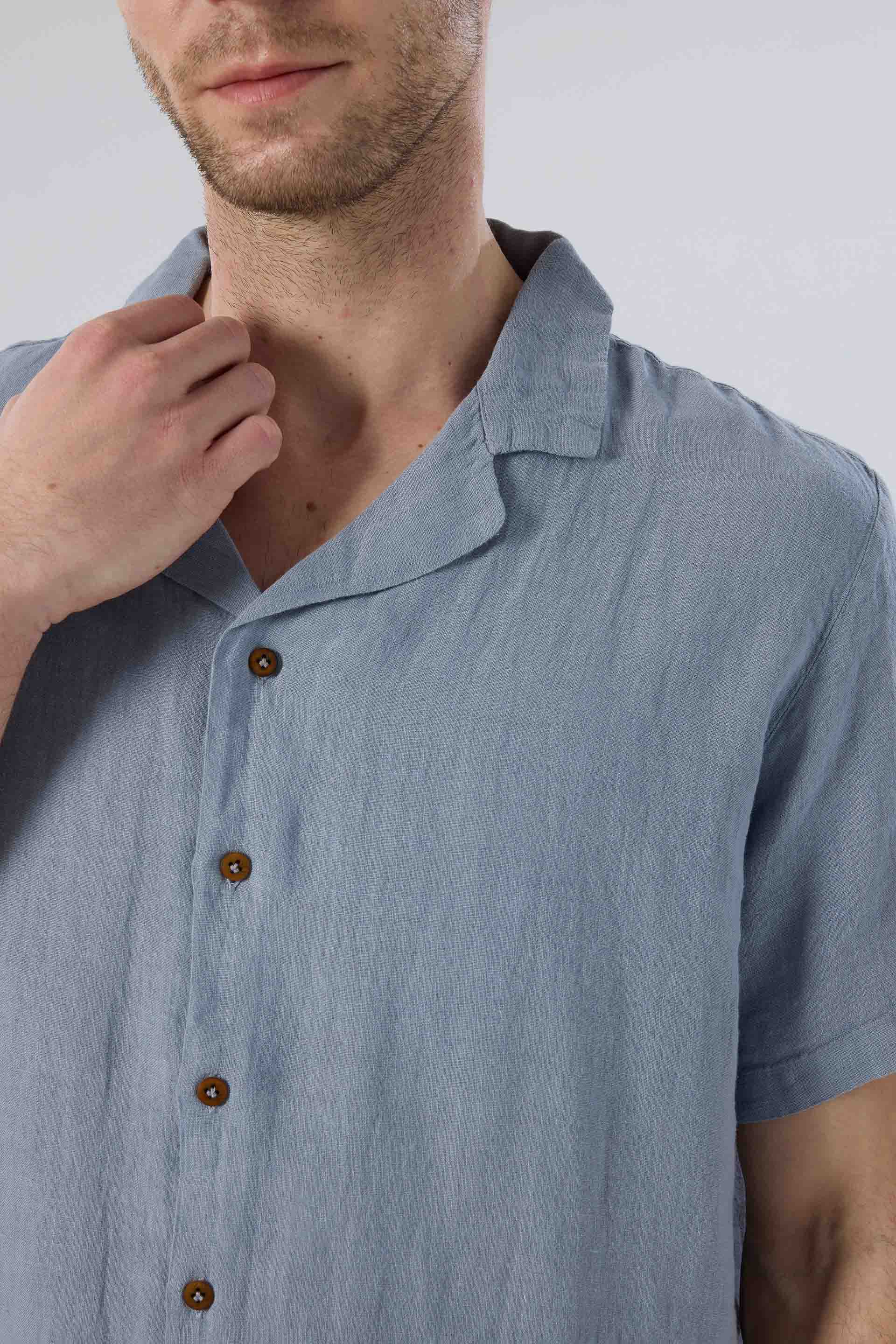 Yatık Yakalı Kısa Kollu Keten Erkek Gömlek #renk_Puslu Mavi