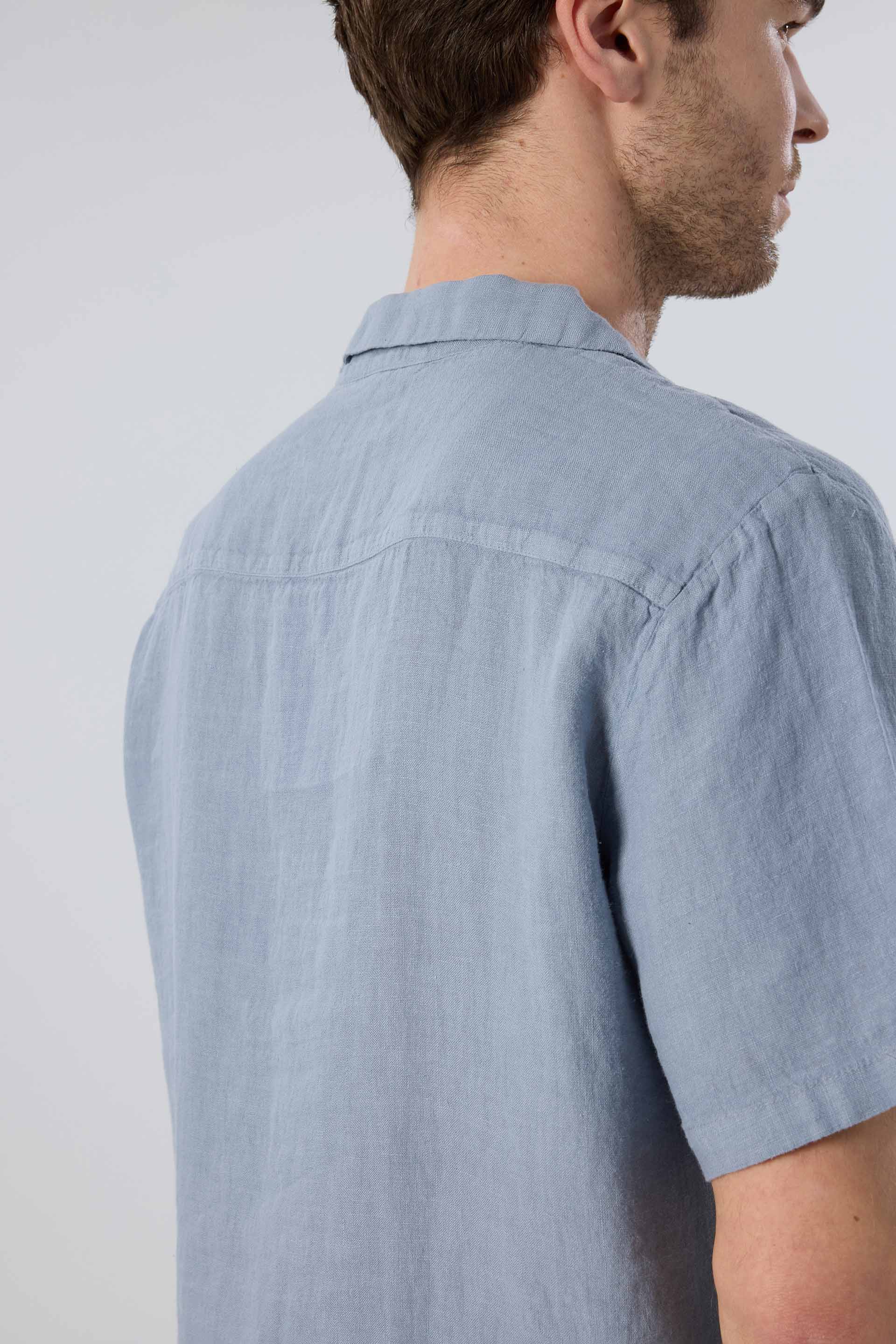 Yatık Yakalı Kısa Kollu Keten Erkek Gömlek #renk_Puslu Mavi