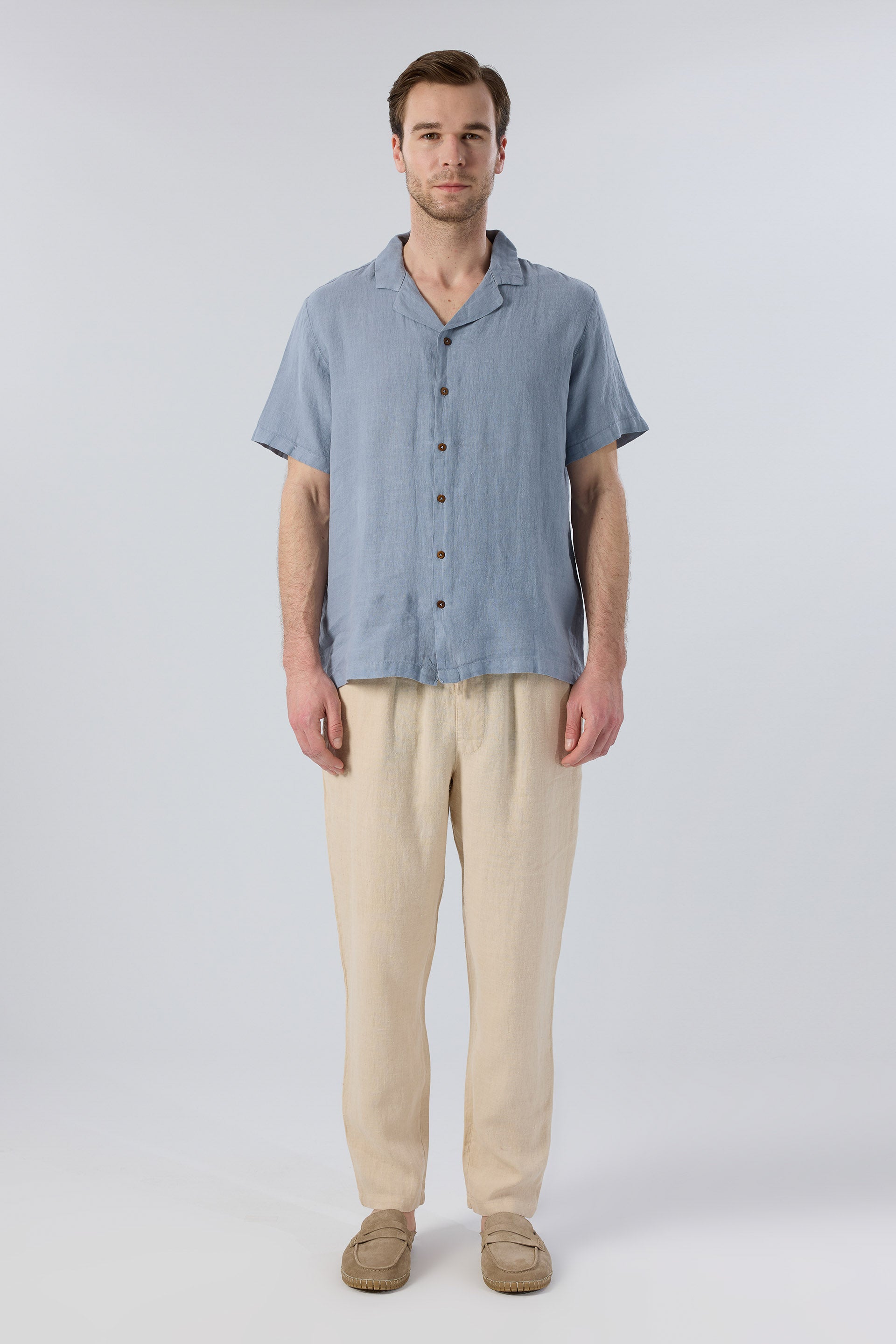 Yatık Yakalı Kısa Kollu Keten Erkek Gömlek #renk_Puslu Mavi