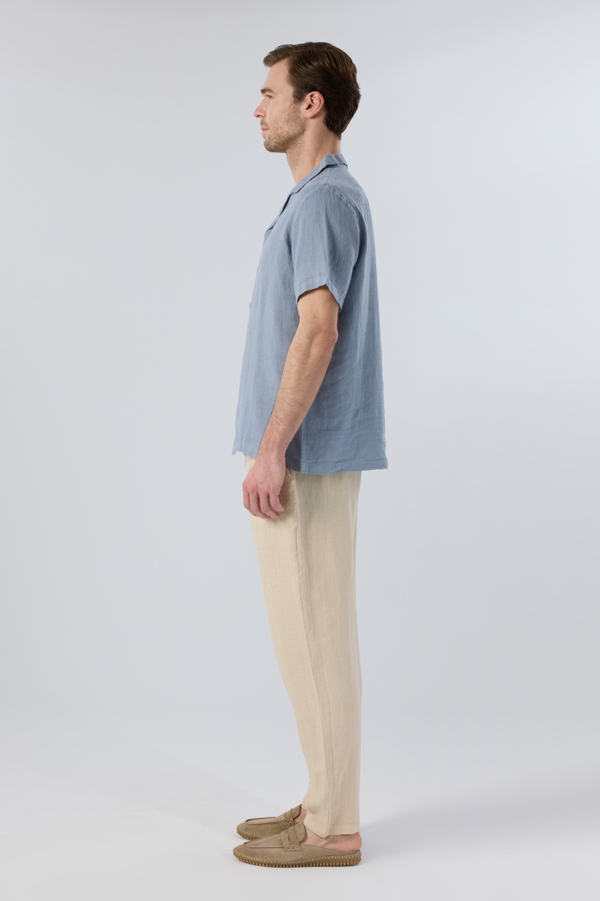 Yatık Yakalı Kısa Kollu Keten Erkek Gömlek #renk_Puslu Mavi