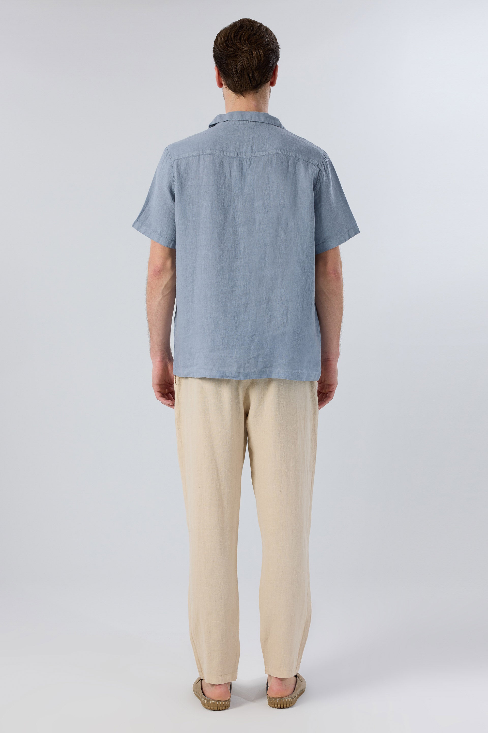 Yatık Yakalı Kısa Kollu Keten Erkek Gömlek #renk_Puslu Mavi