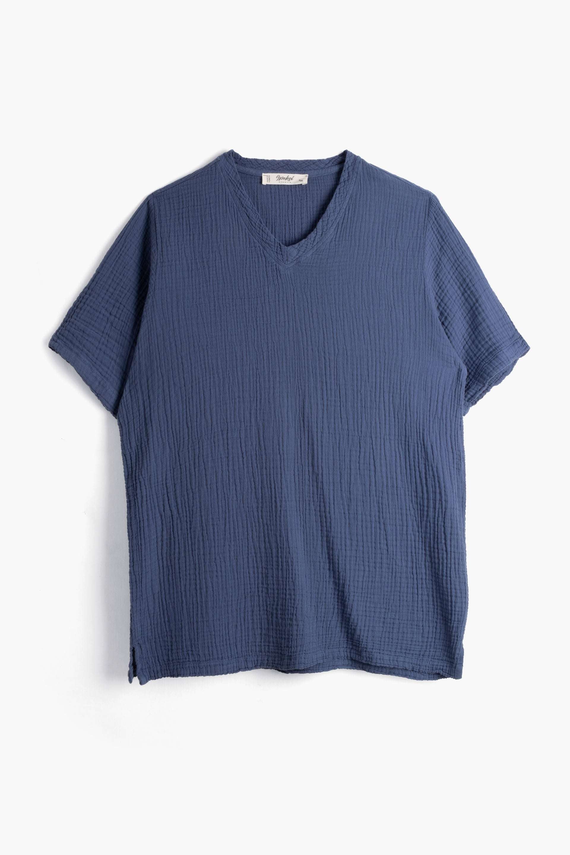 Nomad V Yaka Müslin Erkek Oversize Tişört #renk_Navy