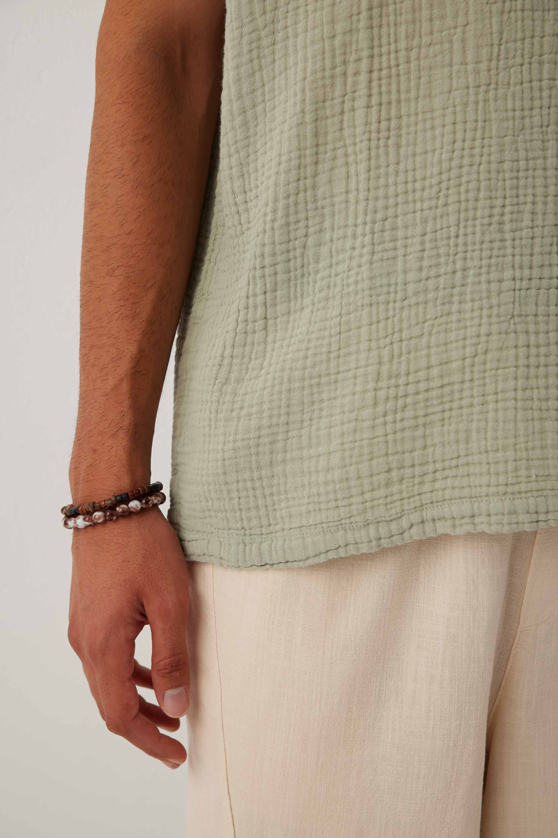 Nomad V Yaka Müslin Pamuklu Oversize Erkek Tişört #renk_Ada Çayı