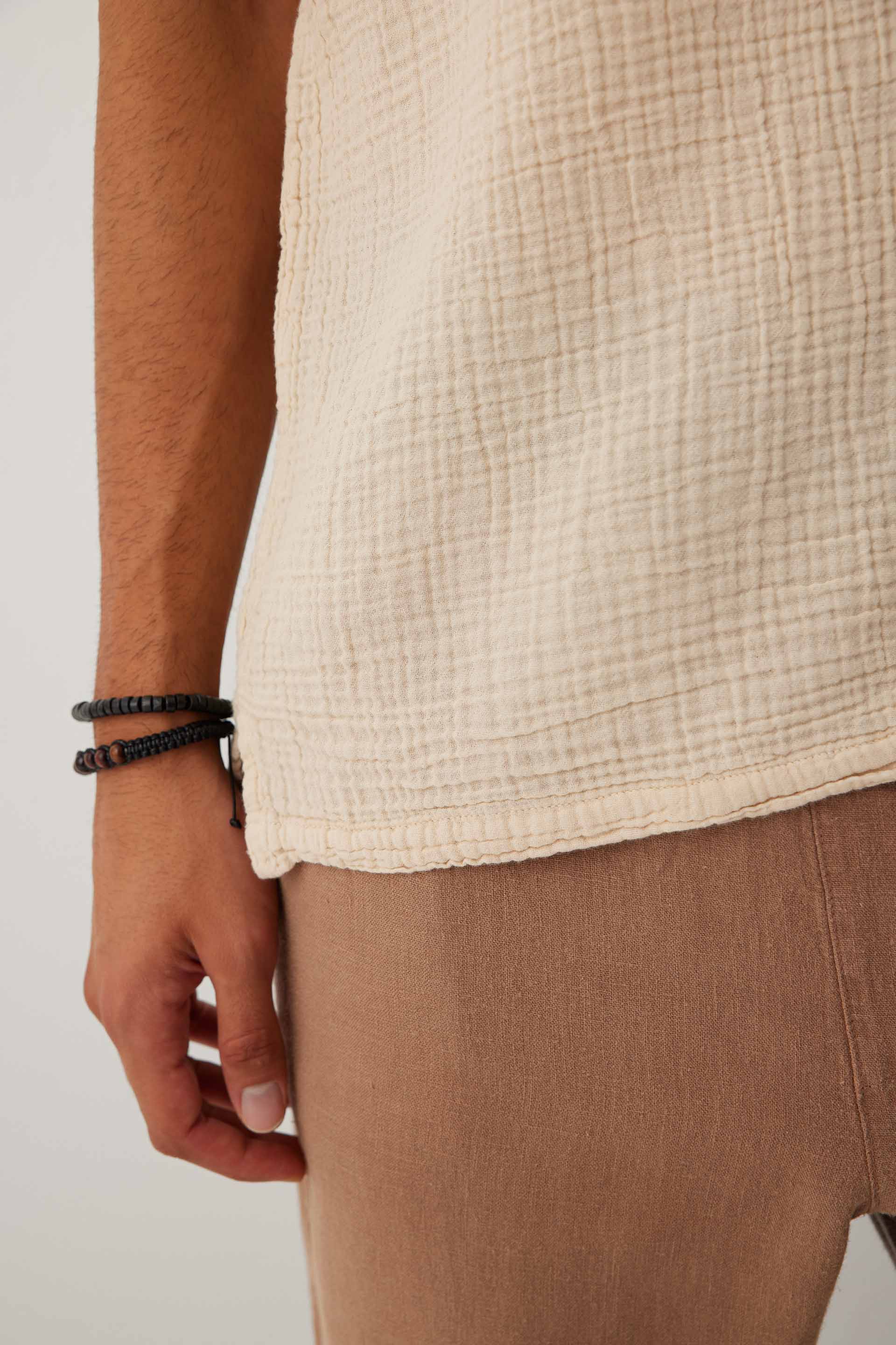Nomad V Yaka Müslin Pamuklu Oversize Erkek Tişört #renk_Bej