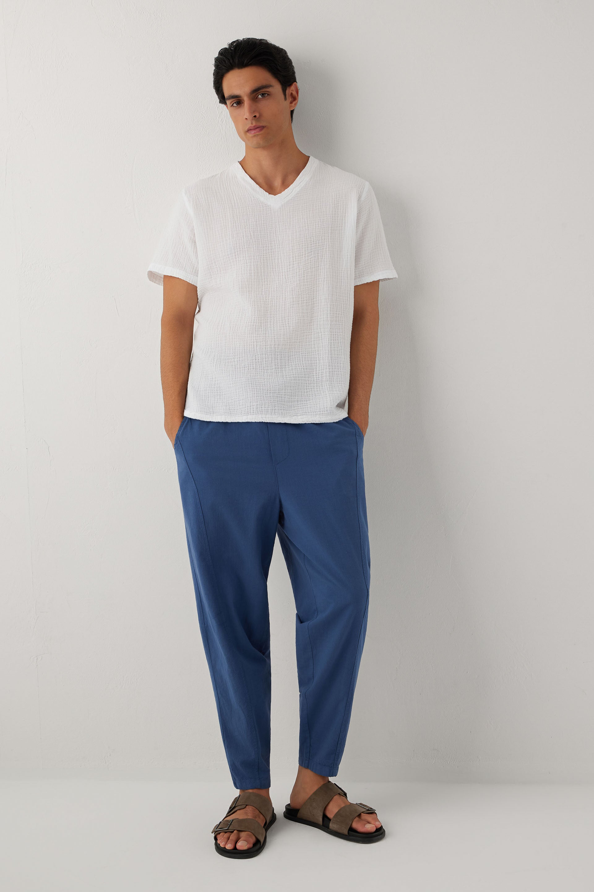 Nomad V Yaka Müslin Pamuklu Oversize Erkek Tişört #renk_Beyaz