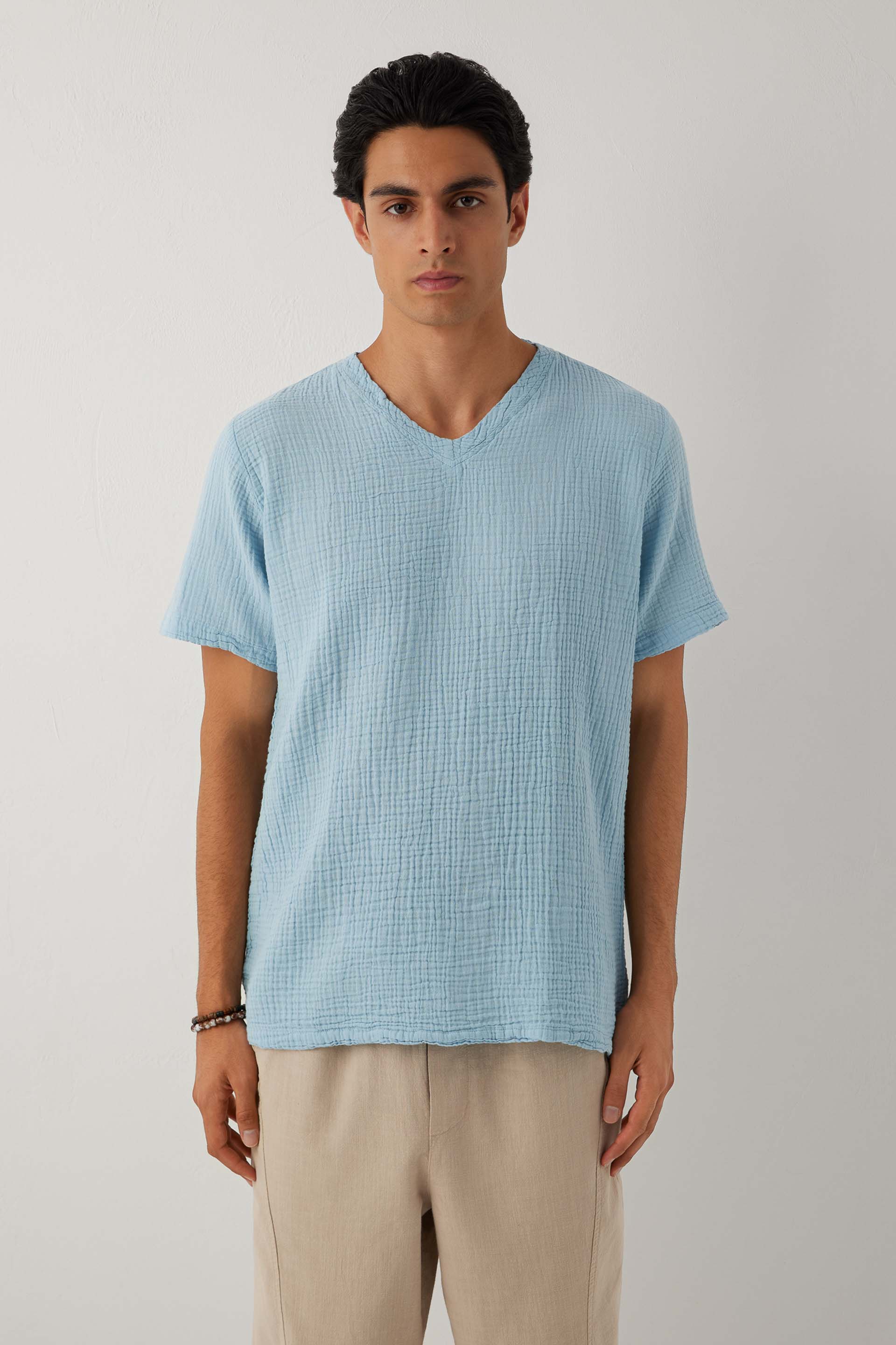 Nomad V Yaka Müslin Pamuklu Oversize Erkek Tişört #renk_Bulut Mavi