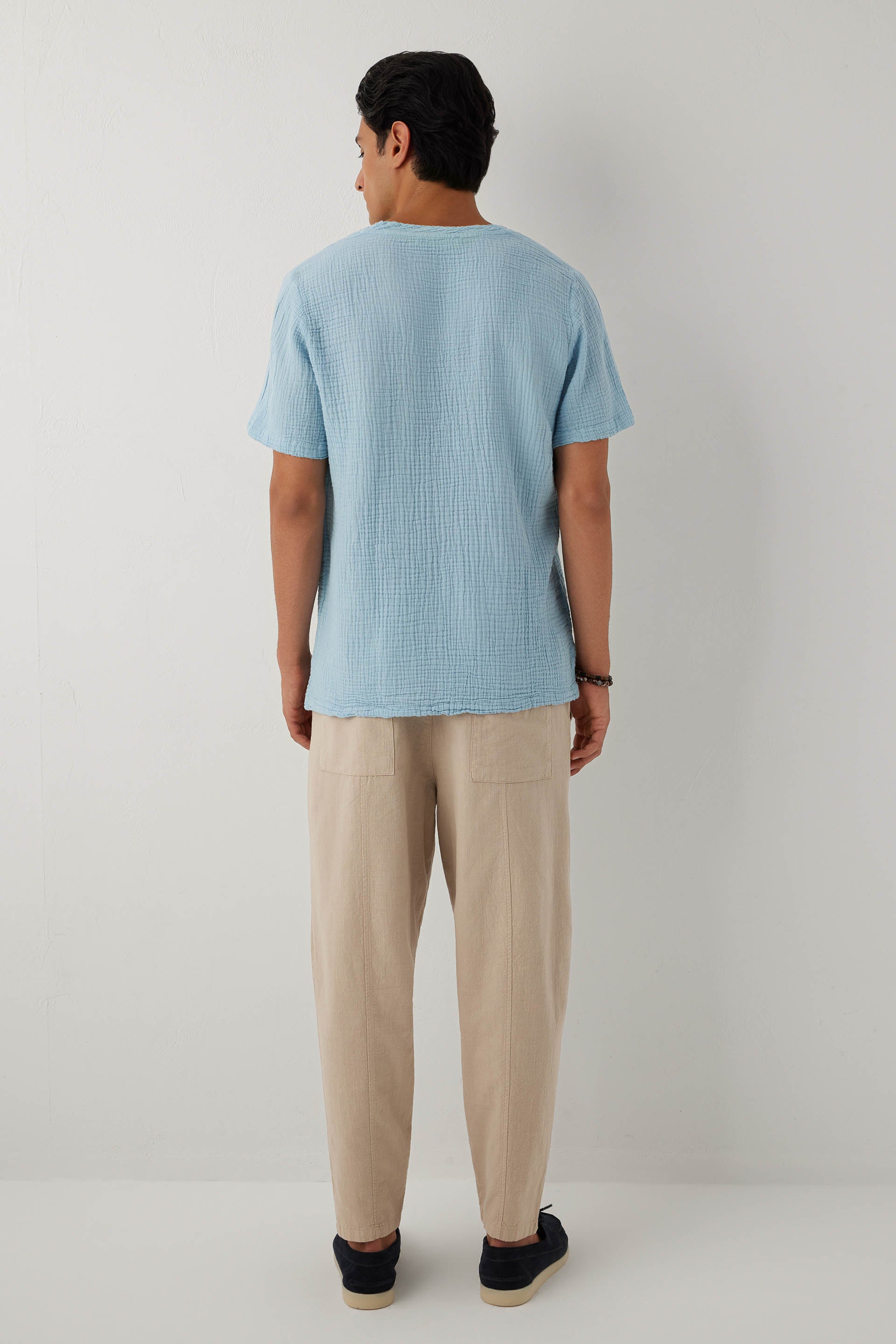 Nomad V Yaka Müslin Pamuklu Oversize Erkek Tişört #renk_Bulut Mavi