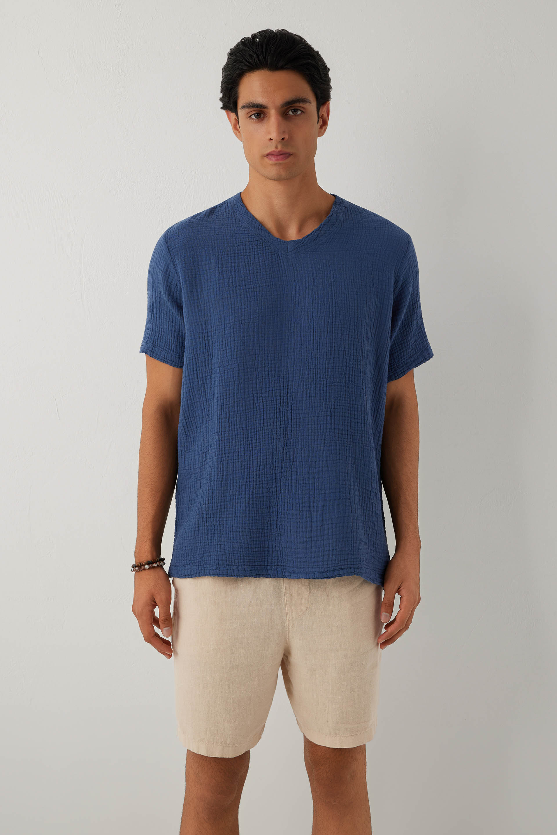 Nomad V Yaka Müslin Pamuklu Oversize Erkek Tişört #renk_Navy