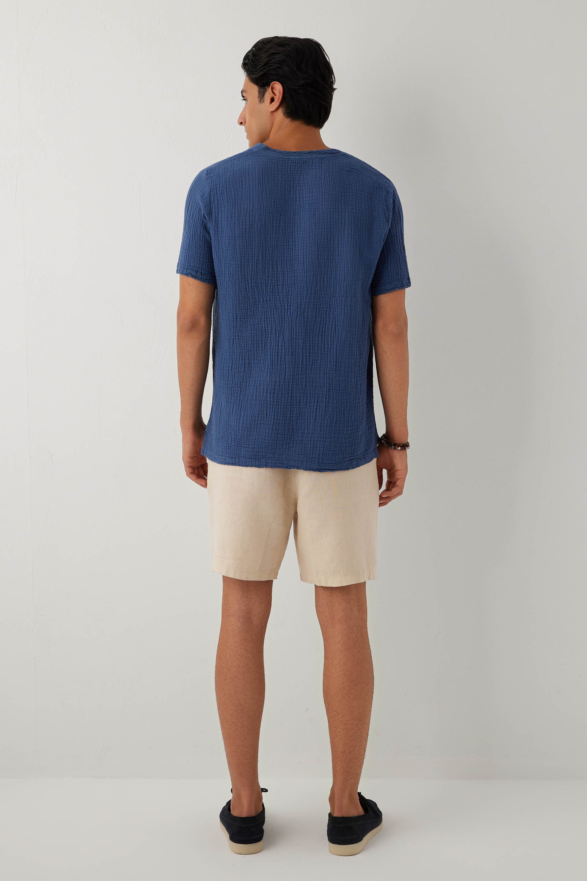 Nomad V Yaka Müslin Pamuklu Oversize Erkek Tişört #renk_Navy