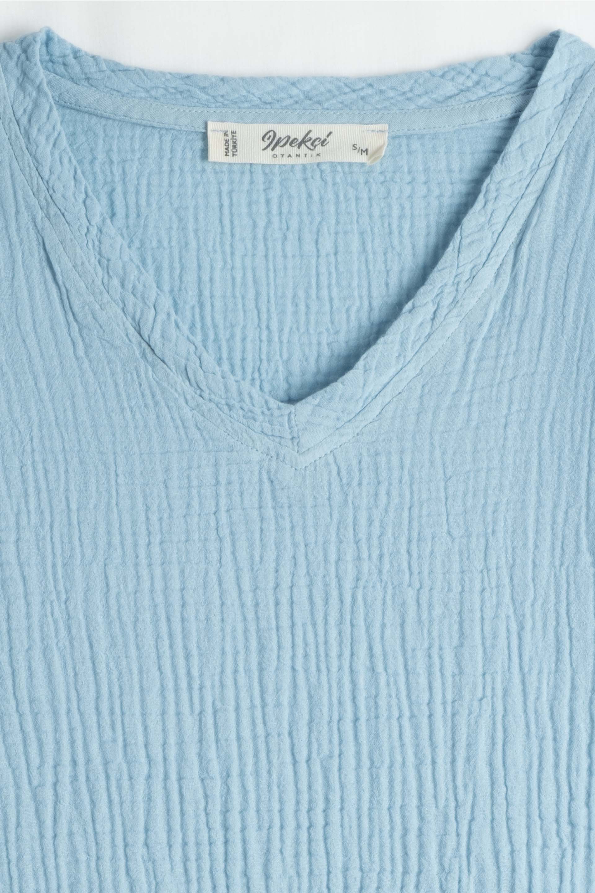 Nomad V Yaka Müslin Erkek Oversize Tişört #renk_Bulut Mavi