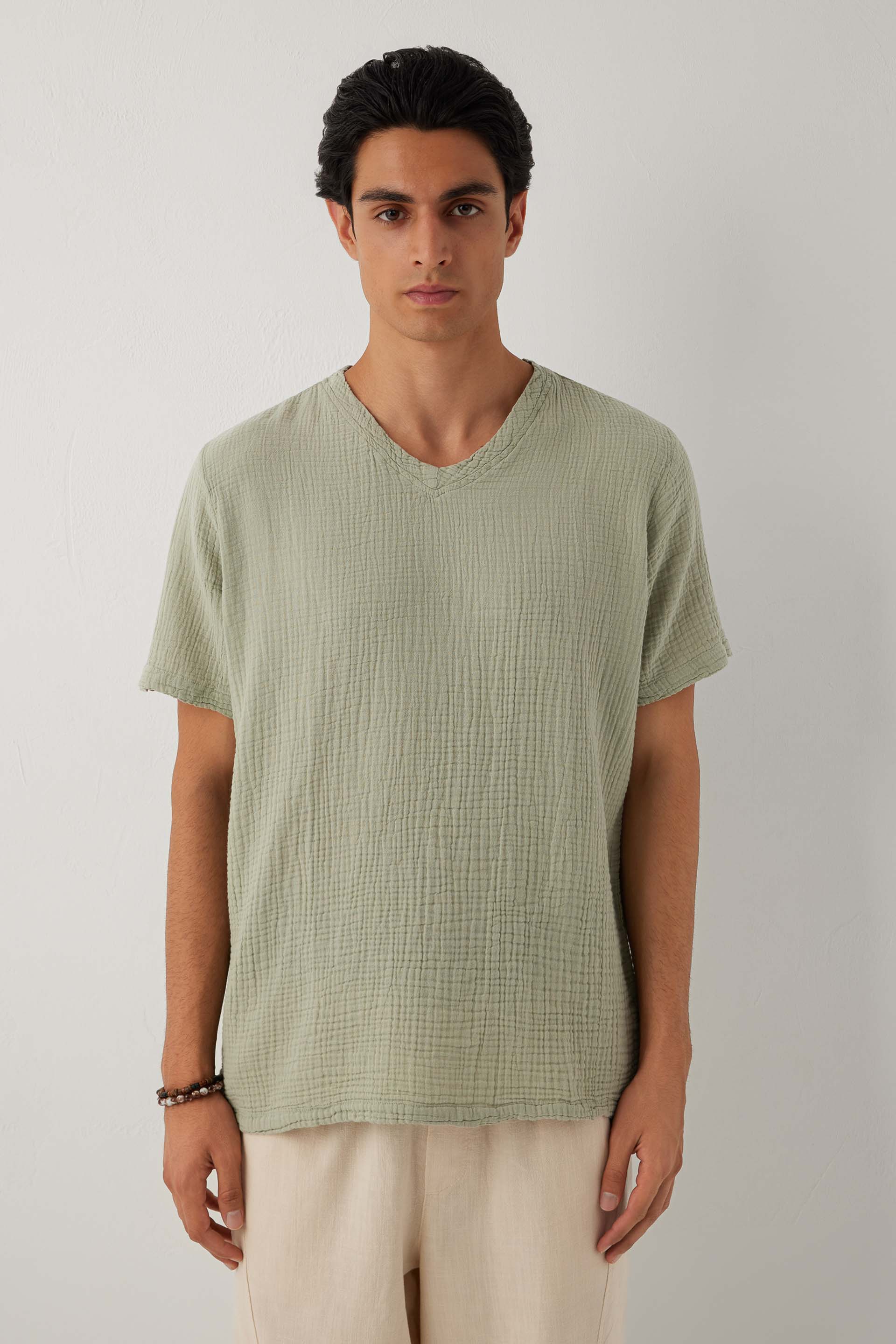 Nomad V Yaka Müslin Pamuklu Oversize Erkek Tişört #renk_Ada Çayı