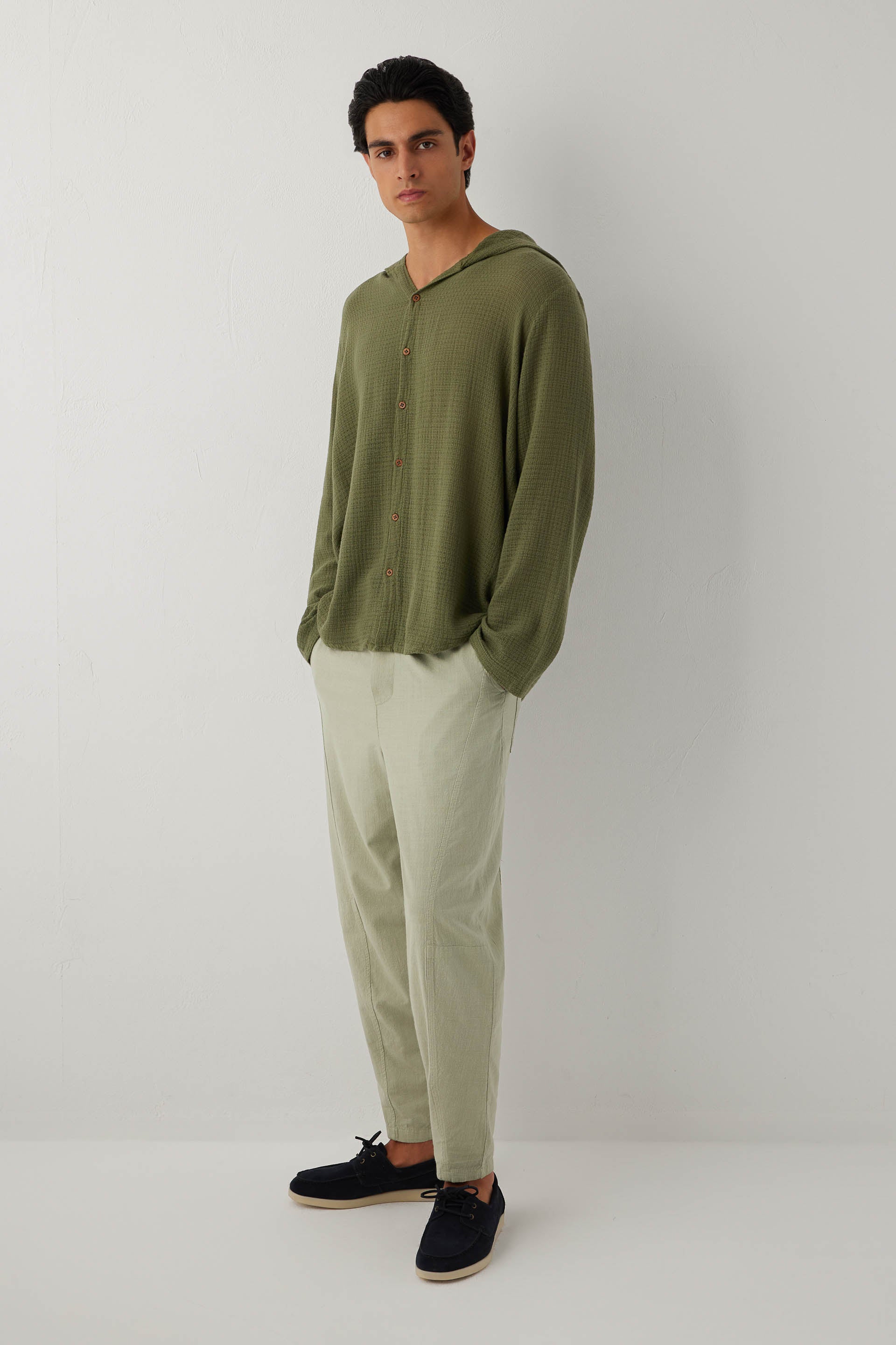 Ease Kapüşonlu Pamuklu Erkek Overshirt #renk_Haki