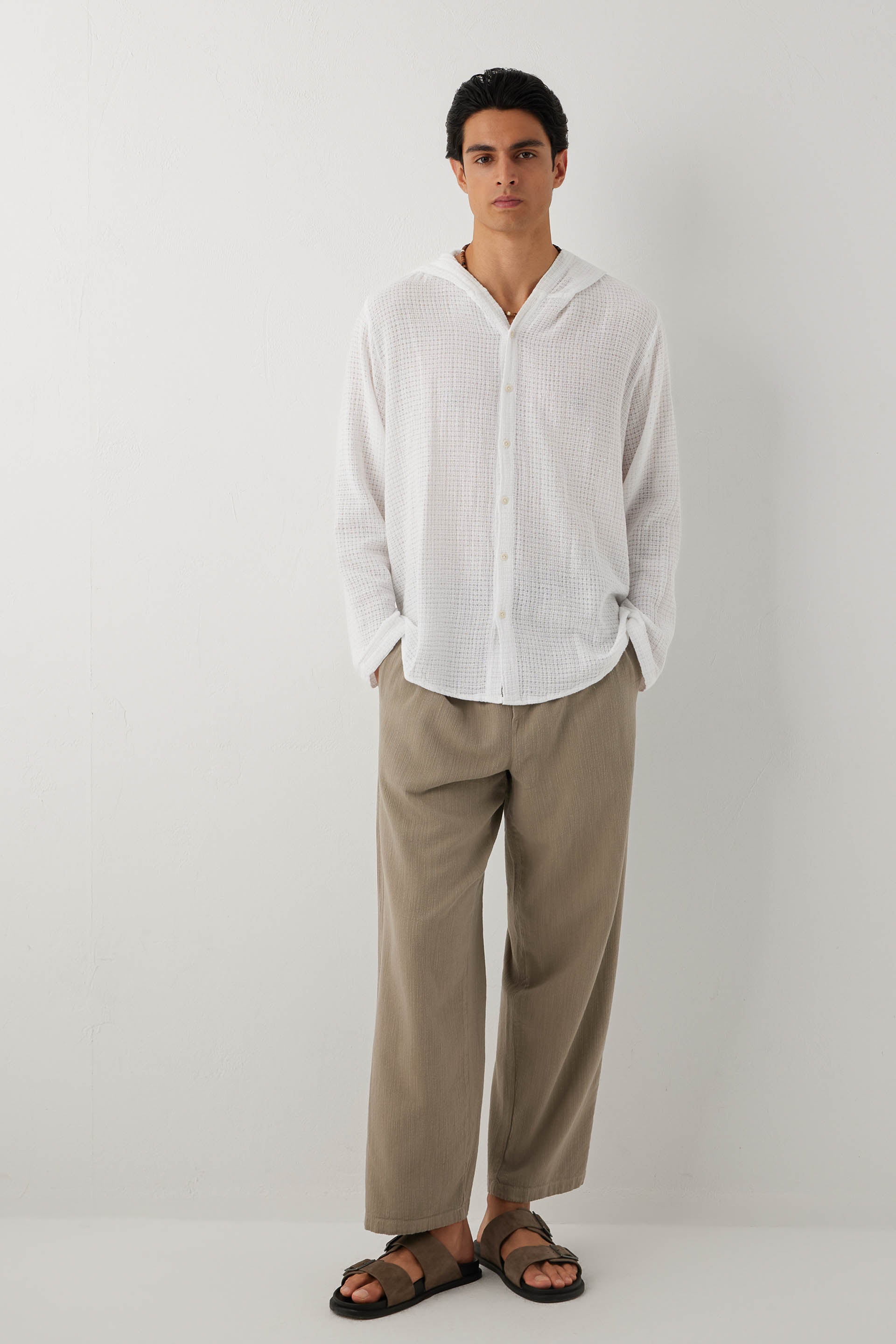 Ease Kapüşonlu Pamuklu Erkek Overshirt #renk_Beyaz
