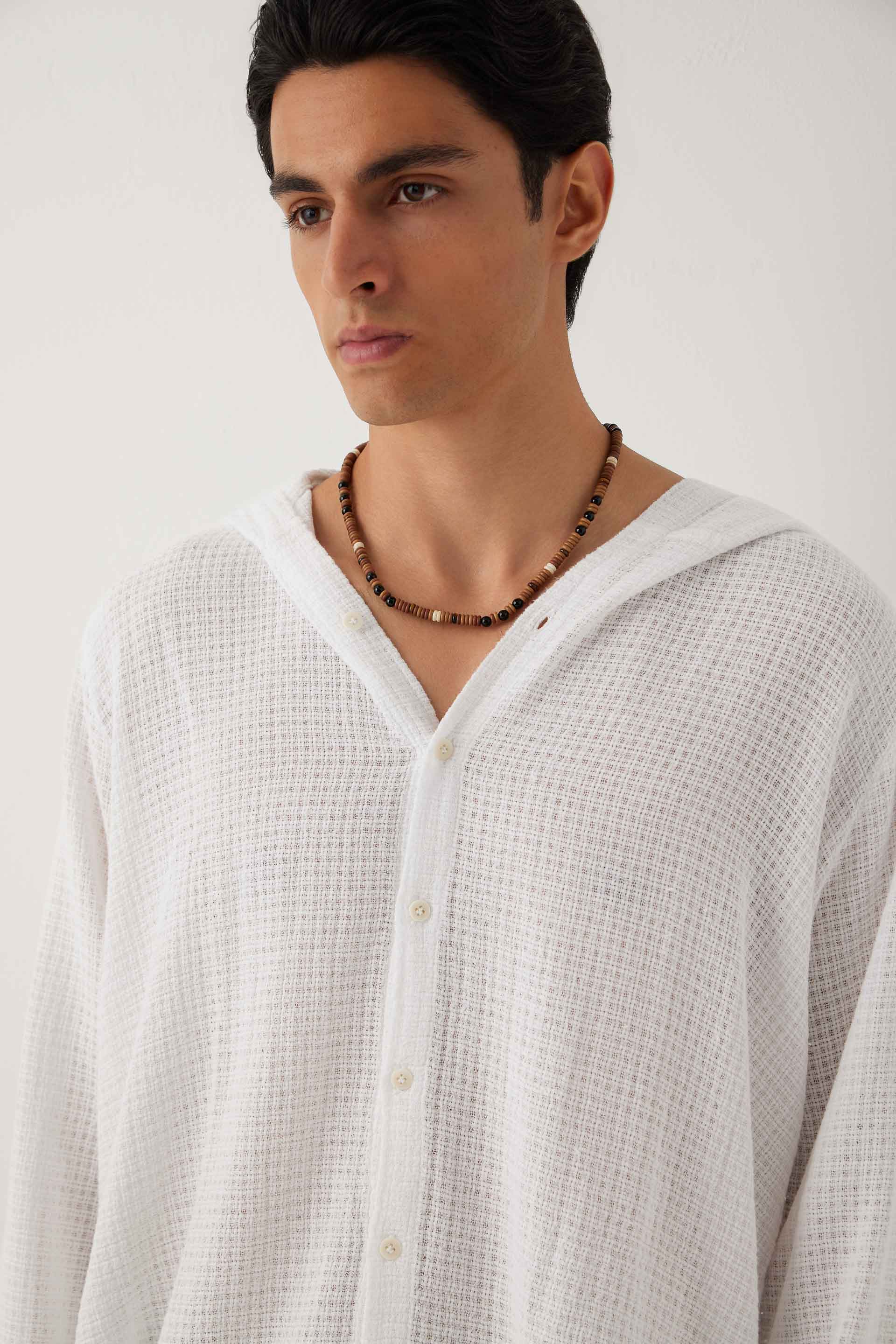 Ease Kapüşonlu Pamuklu Erkek Overshirt #renk_Beyaz