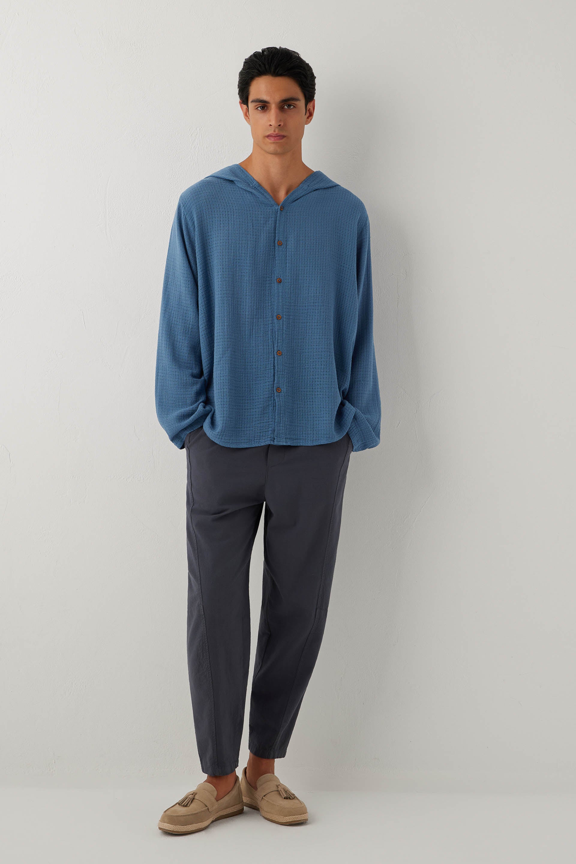 Ease Kapüşonlu Pamuklu Erkek Overshirt #renk_Indigo