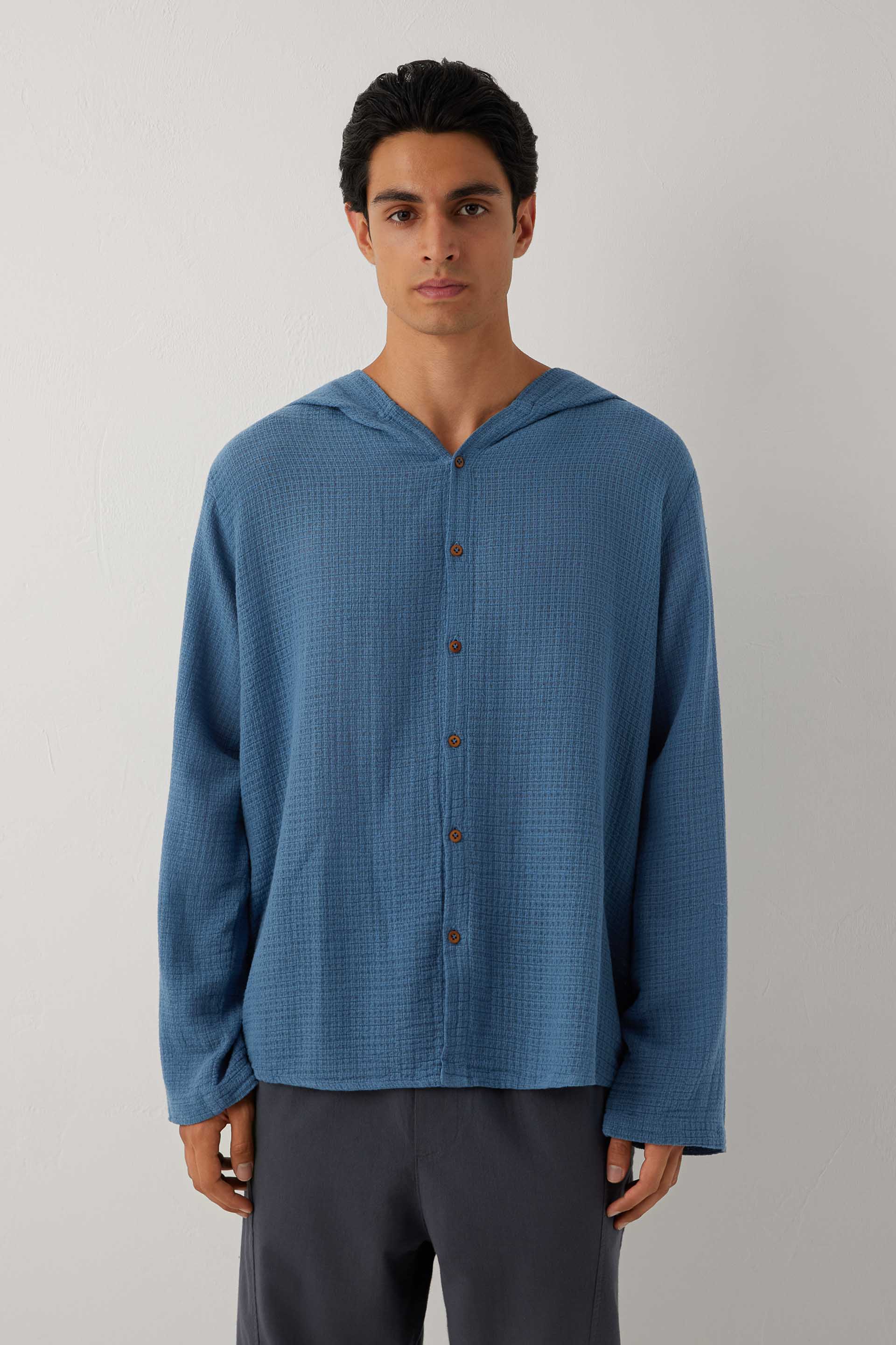 Ease Kapüşonlu Pamuklu Erkek Overshirt #renk_Indigo