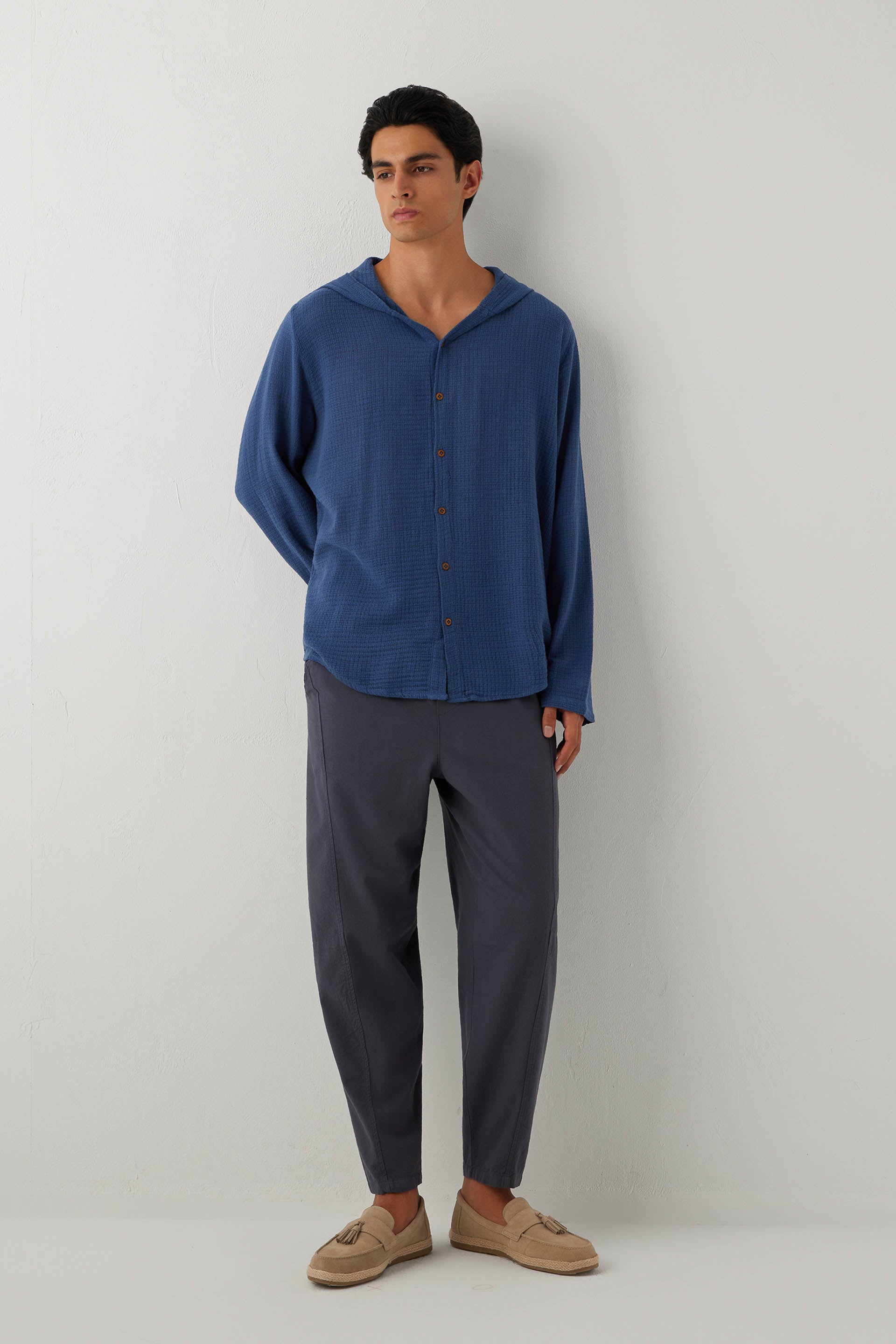 Ease Kapüşonlu Pamuklu Erkek Overshirt #renk_Navy