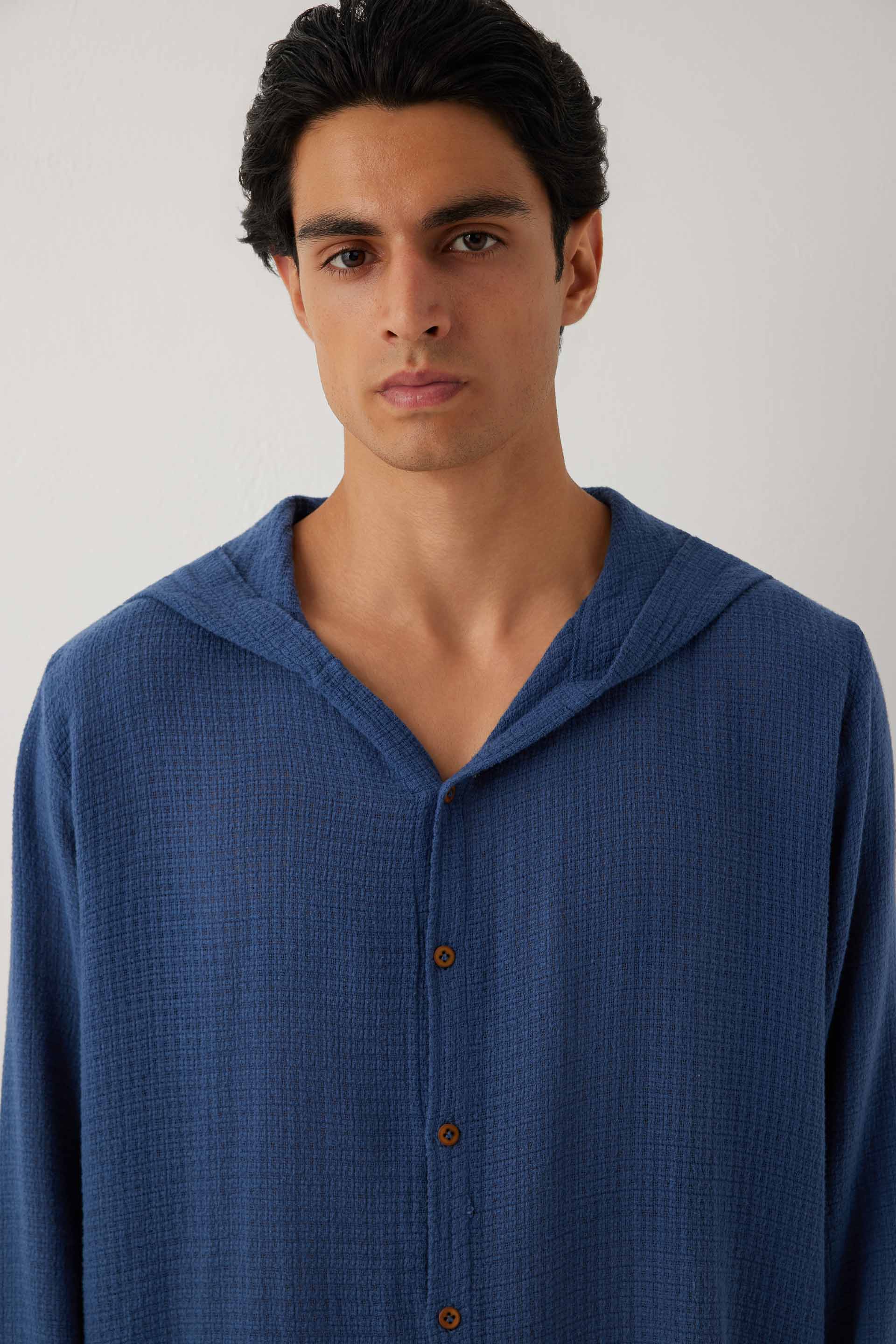 Ease Kapüşonlu Pamuklu Erkek Overshirt #renk_Navy