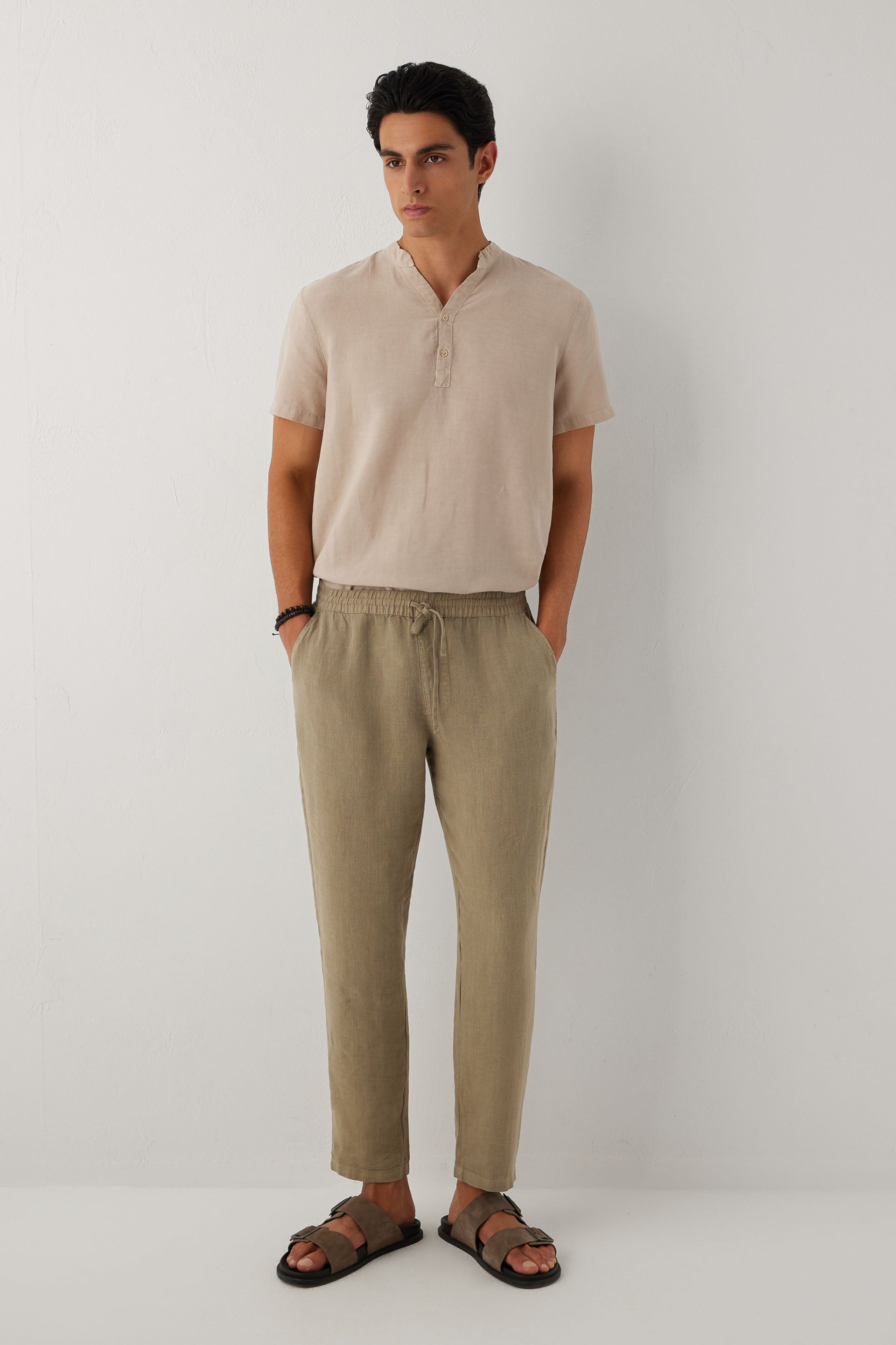 Rahat Kesim %100 Keten Erkek Pantolon #renk_Olive
