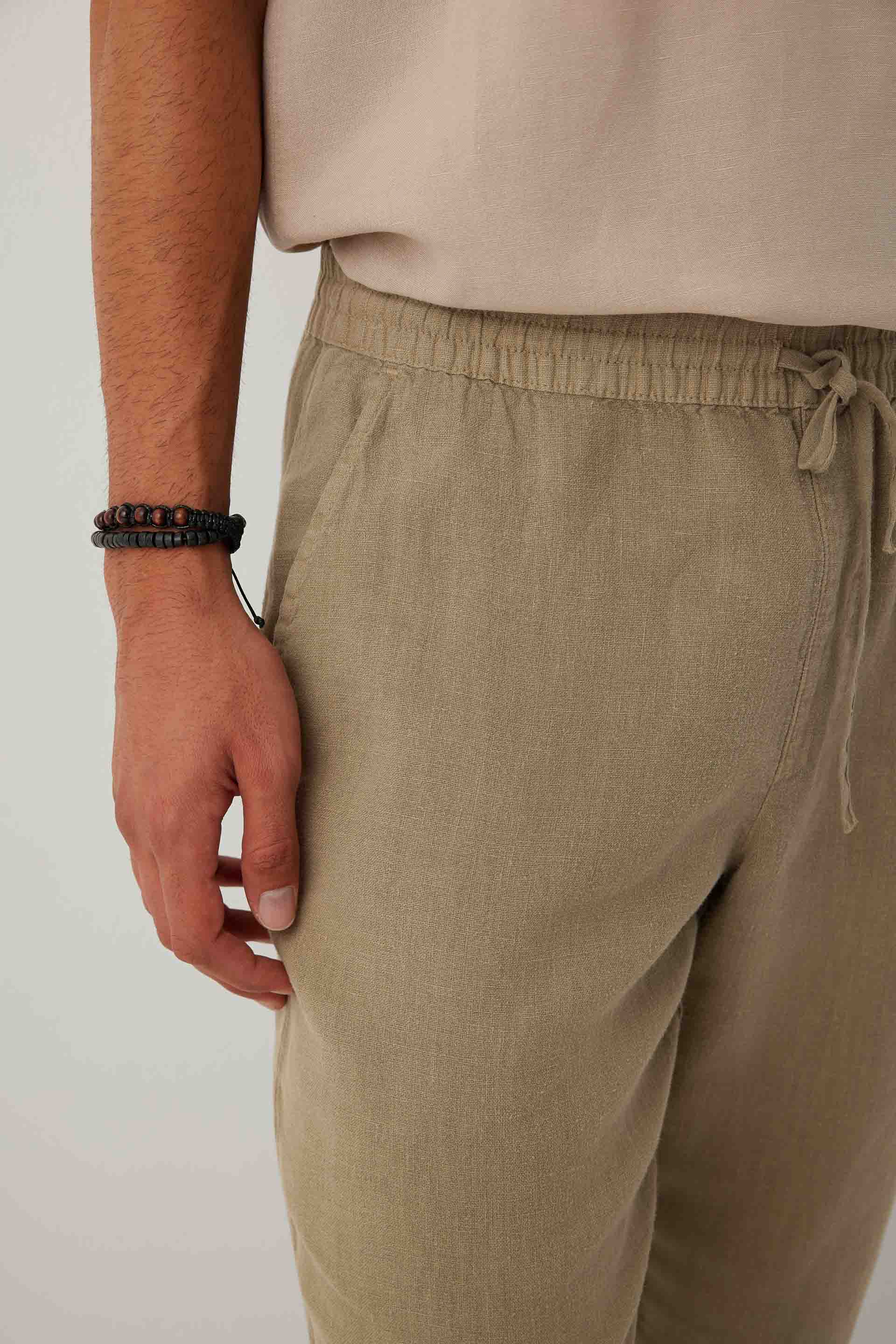 Rahat Kesim %100 Keten Erkek Pantolon #renk_Olive