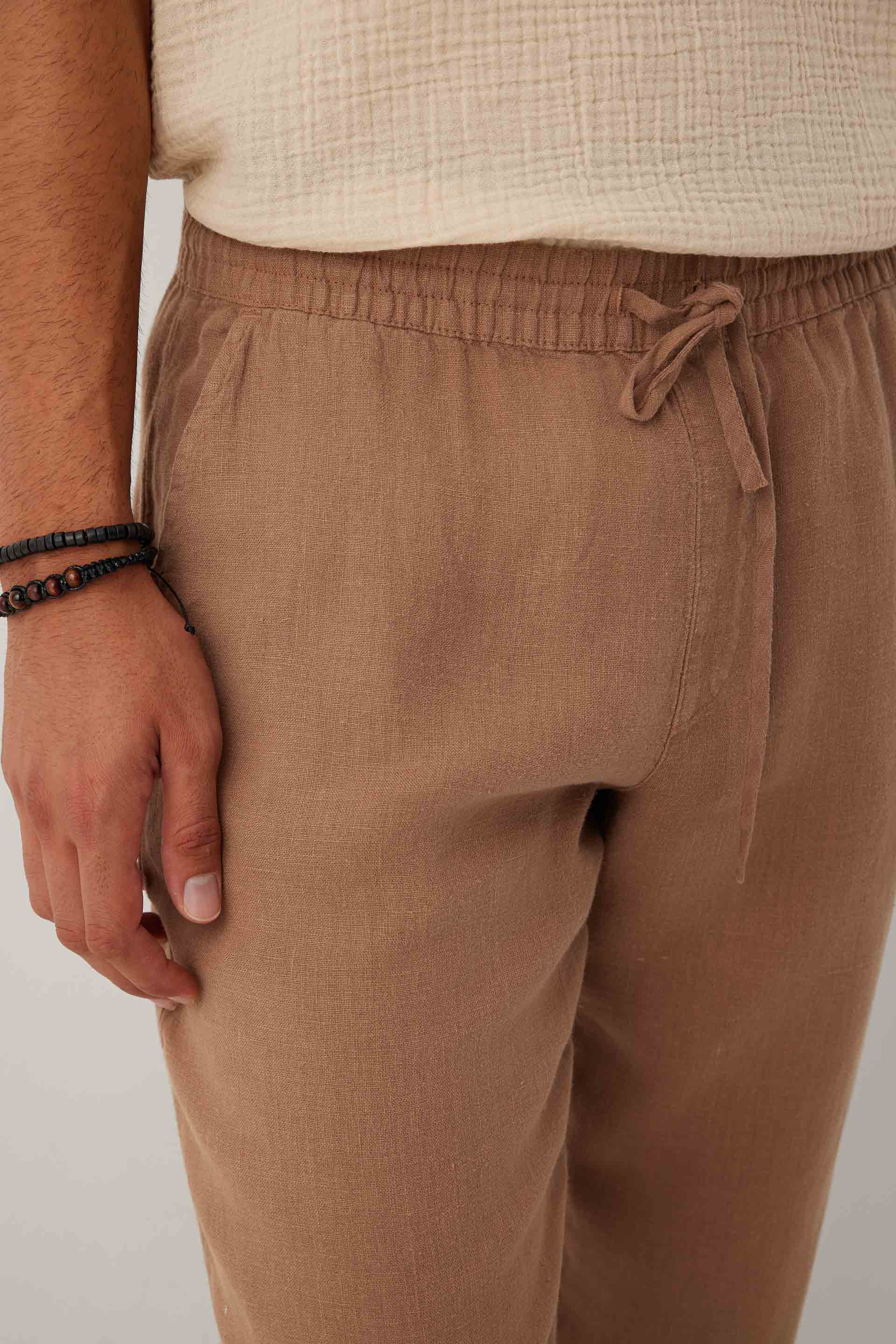 Rahat Kesim %100 Keten Erkek Pantolon #renk_Kahve